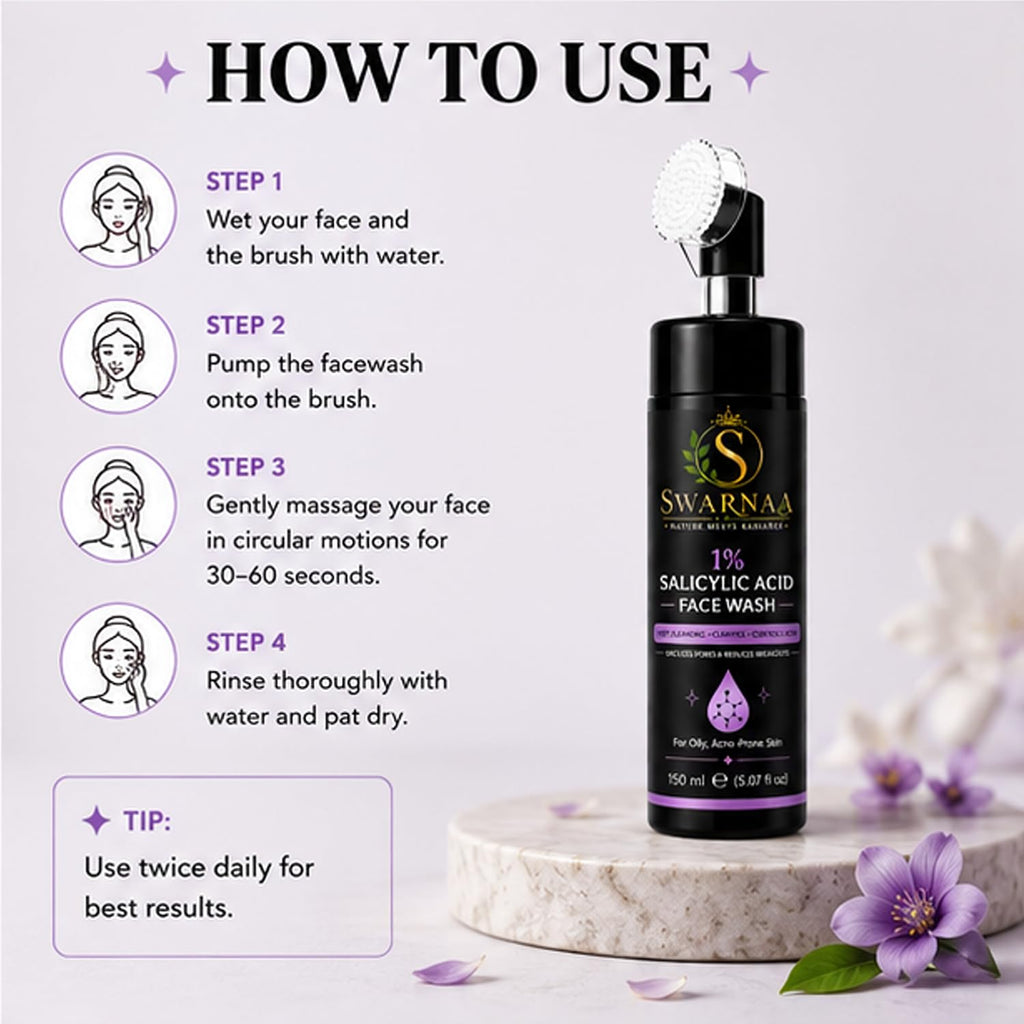 Swarnaa 1% Salicylic Acid Face Wash for Oily & Acne-Prone Skin | Helps Cleanse Pores, Remove Excess Oil & Impurities | Daily Facial Cleanser for Men & Women | All Skin Types | 150ml