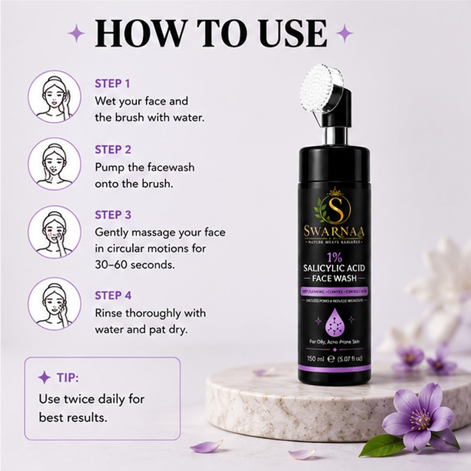 Swarnaa 1% Salicylic Acid Face Wash for Oily & Acne-Prone Skin | Helps Cleanse Pores, Remove Excess Oil & Impurities | Daily Facial Cleanser for Men & Women | All Skin Types | 150ml