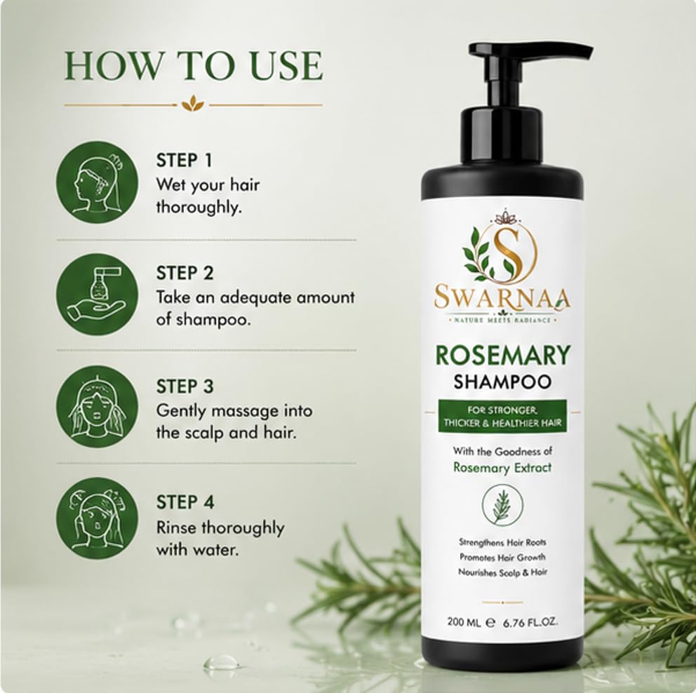 Swarnaa Rosemary Shampoo for Hair Strength & Scalp Nourishment | Helps Strengthen Hair Roots, Nourish Scalp & Improve Hair Manageability | Gentle Daily Hair Cleanser for Men & Women | All Hair Types | 200ml