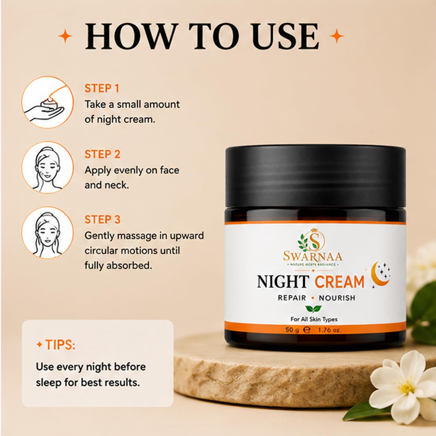 Swarnaa Night Cream for Overnight Skin Nourishment & Hydration | Helps Improve Skin Softness, Smoothness & Radiance | Moisturizing Night Care for All Skin Types | Men & Women | 50g