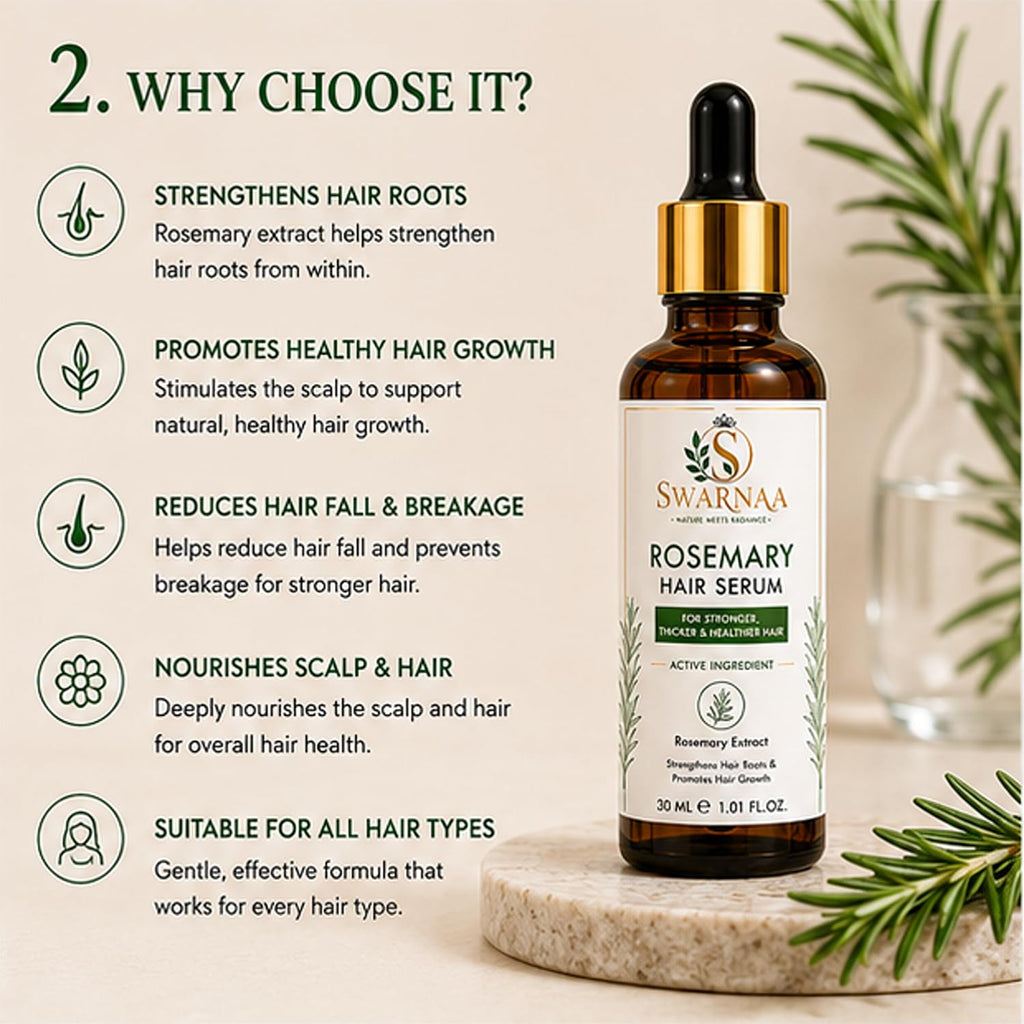 Swarnaa Rosemary Hair Serum for Hair Nourishment & Stronger Looking Hair | Helps Strengthen Hair Roots, Reduce Hair Breakage & Improve Hair Manageability | Lightweight Non-Sticky Hair Serum for Men & Women | 30ml