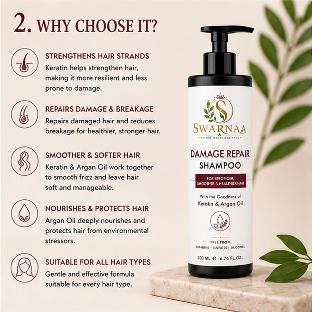 Swarnaa Damage Repair Shampoo for Dry, Damaged & Frizzy Hair | Helps Nourish Hair, Improve Smoothness & Reduce Hair Breakage | Daily Hair Care Shampoo for Men & Women | All Hair Types | 200ml