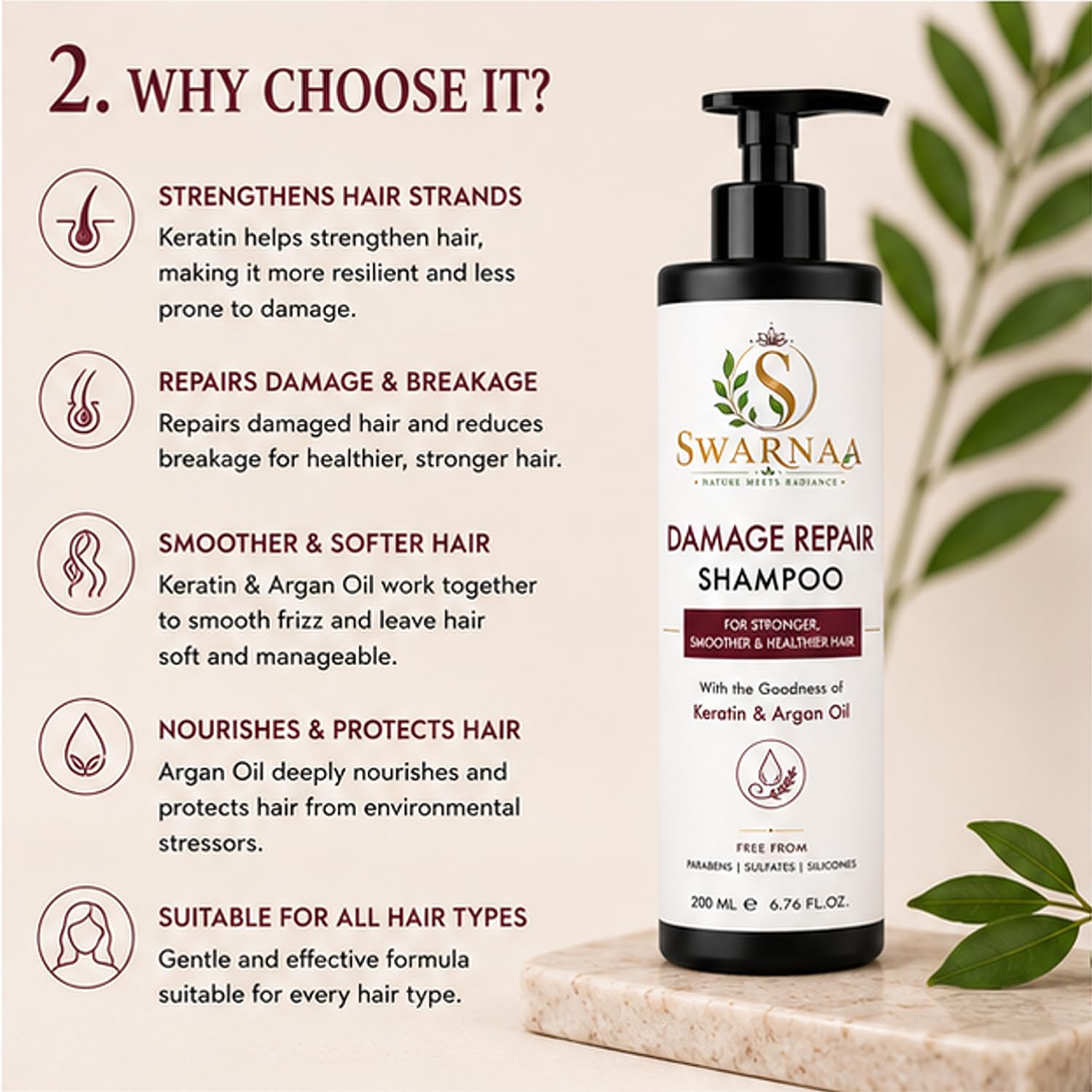 Swarnaa Damage Repair Shampoo for Dry, Damaged & Frizzy Hair | Helps Nourish Hair, Improve Smoothness & Reduce Hair Breakage | Daily Hair Care Shampoo for Men & Women | All Hair Types | 200ml