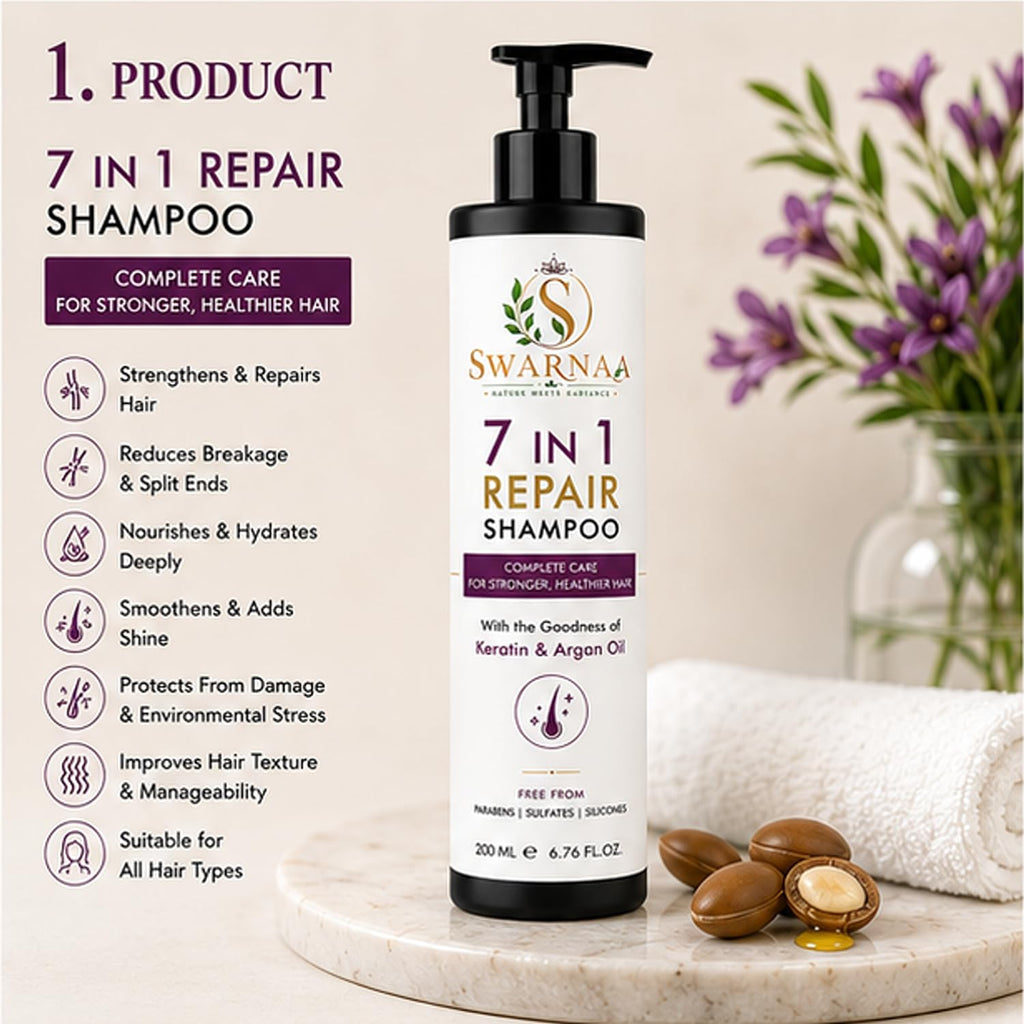 Swarnaa 7 in 1 Repair Shampoo for Dry, Damaged & Frizzy Hair | Complete Hair Care Shampoo for Smoothness, Strength & Manageability | Helps Reduce Hair Breakage | Men & Women | All Hair Types | 200ml