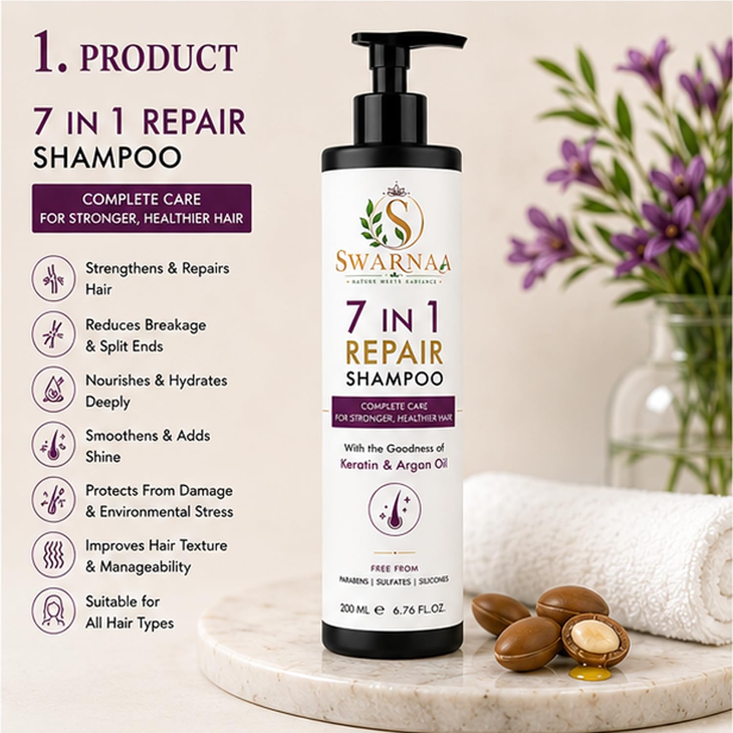 Swarnaa 7 in 1 Repair Shampoo for Dry, Damaged & Frizzy Hair | Complete Hair Care Shampoo for Smoothness, Strength & Manageability | Helps Reduce Hair Breakage | Men & Women | All Hair Types | 200ml