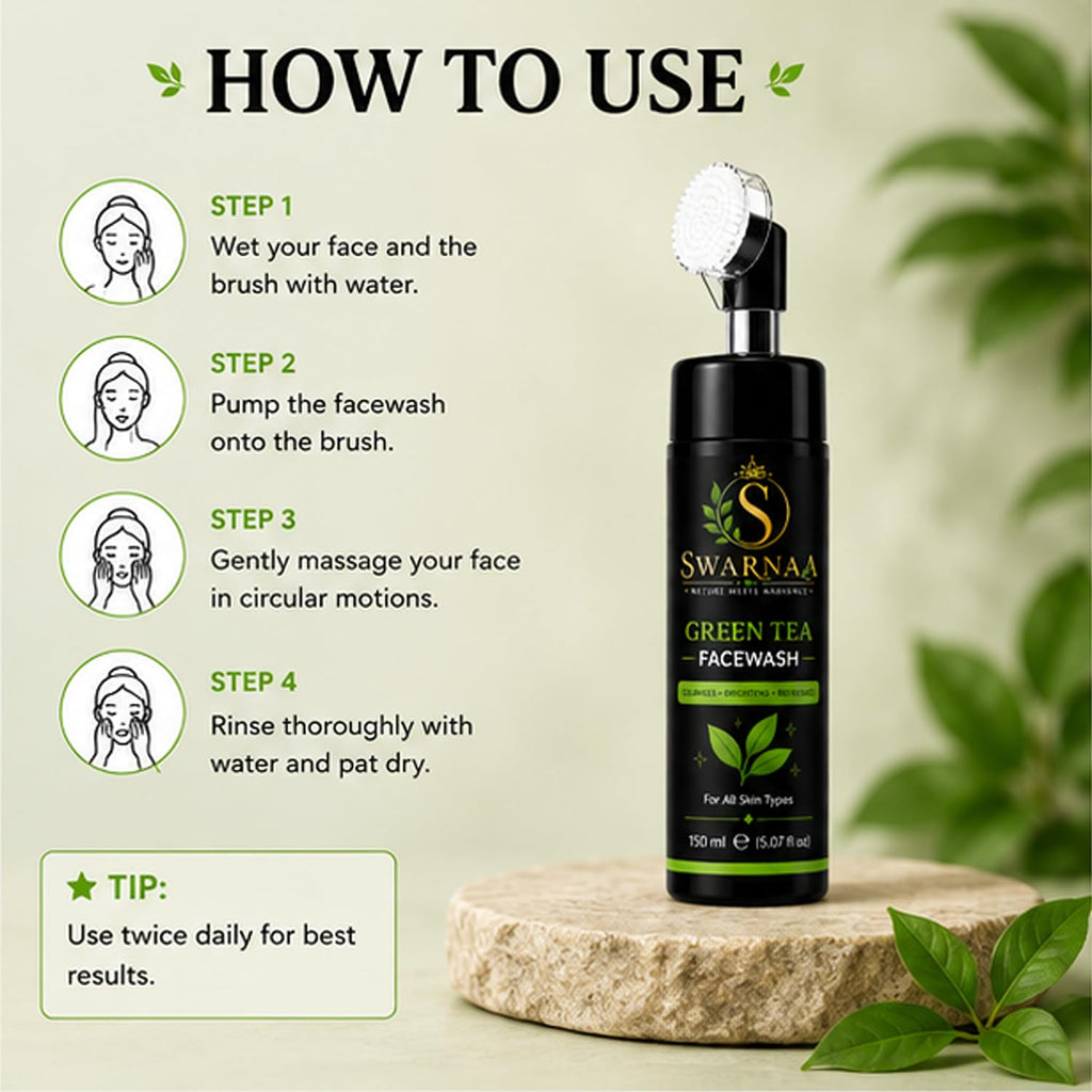 Swarnaa Green Tea Face Wash with Built-In Silicone Brush | Deep Cleansing Facial Cleanser for Fresh & Refreshed Skin | Helps Remove Dirt, Excess Oil & Impurities | All Skin Types | Men & Women | 150ml