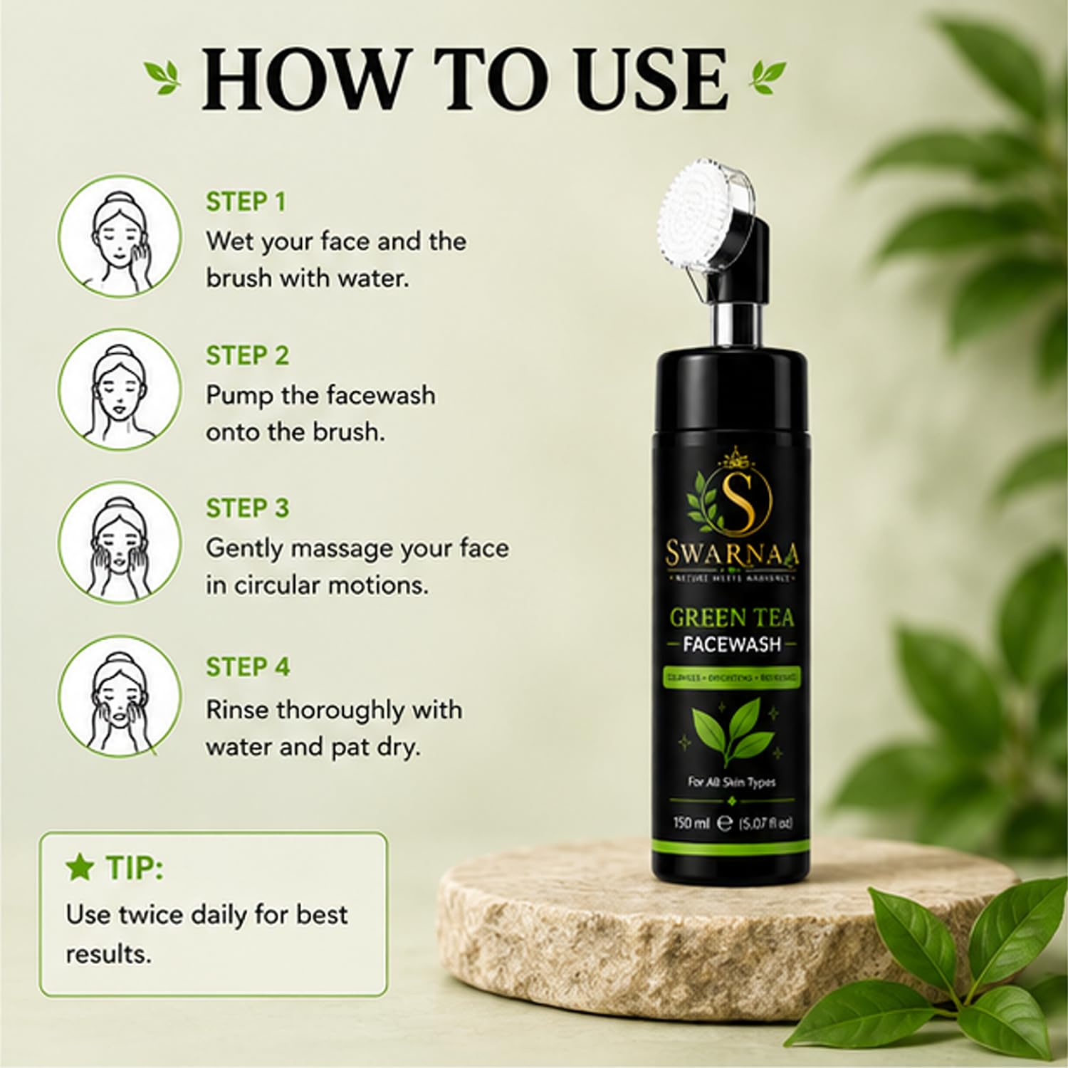 Swarnaa Green Tea Face Wash with Built-In Silicone Brush | Deep Cleansing Facial Cleanser for Fresh & Refreshed Skin | Helps Remove Dirt, Excess Oil & Impurities | All Skin Types | Men & Women | 150ml