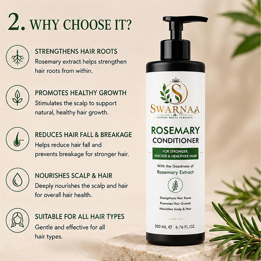 Swarnaa Rosemary Conditioner for Dry, Frizzy & Damaged Hair | Helps Nourish, Smooth & Strengthen Hair | Improves Manageability & Softness | Suitable for Men & Women | All Hair Types | 200ml