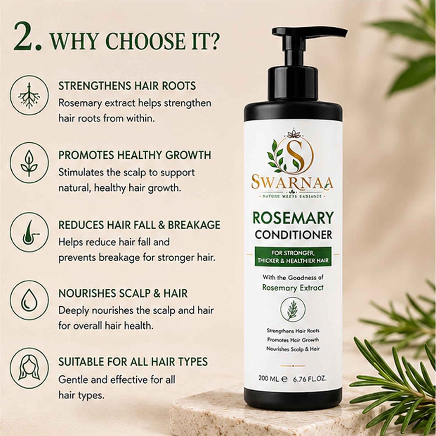 Swarnaa Rosemary Conditioner for Dry, Frizzy & Damaged Hair | Helps Nourish, Smooth & Strengthen Hair | Improves Manageability & Softness | Suitable for Men & Women | All Hair Types | 200ml