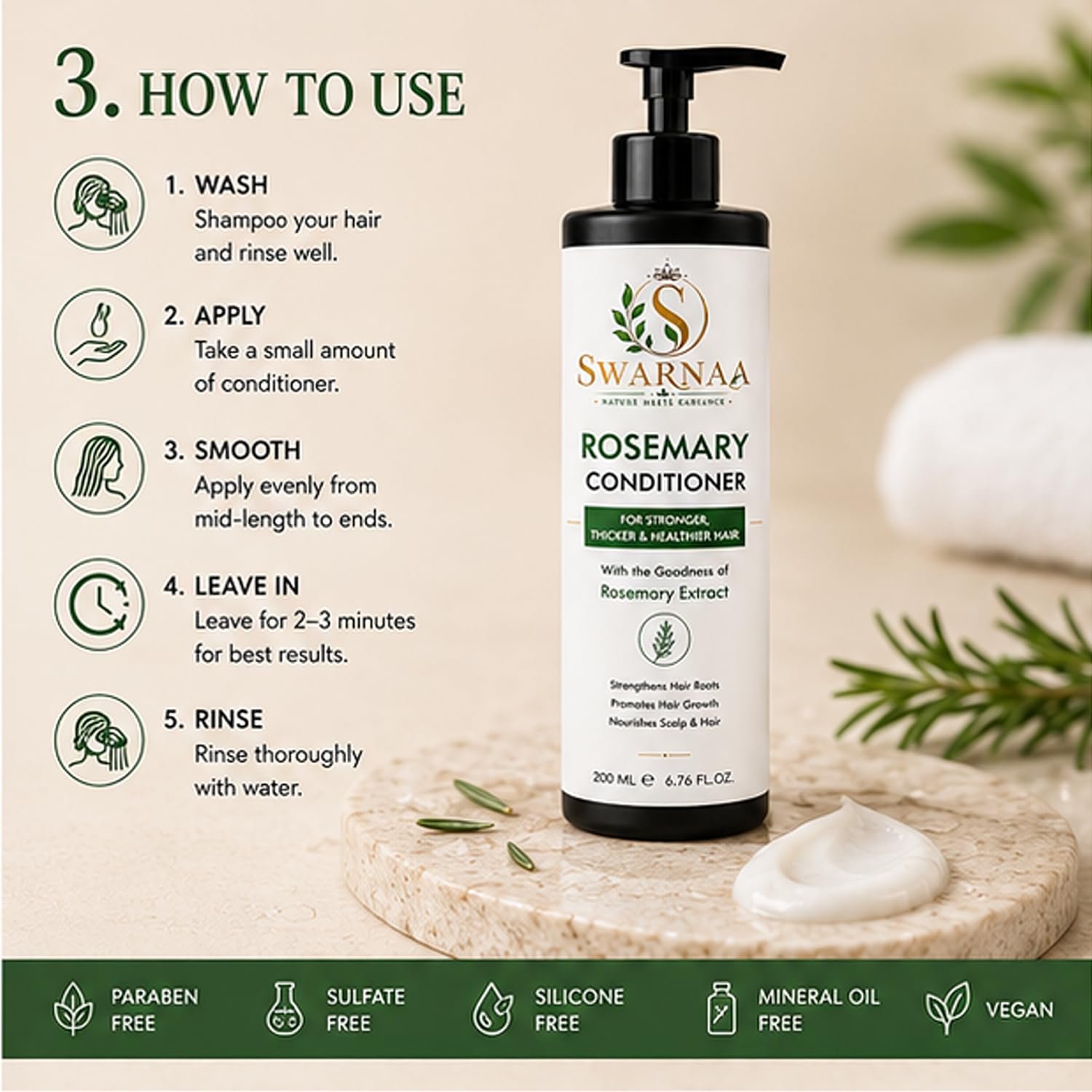 Swarnaa Rosemary Conditioner for Dry, Frizzy & Damaged Hair | Helps Nourish, Smooth & Strengthen Hair | Improves Manageability & Softness | Suitable for Men & Women | All Hair Types | 200ml