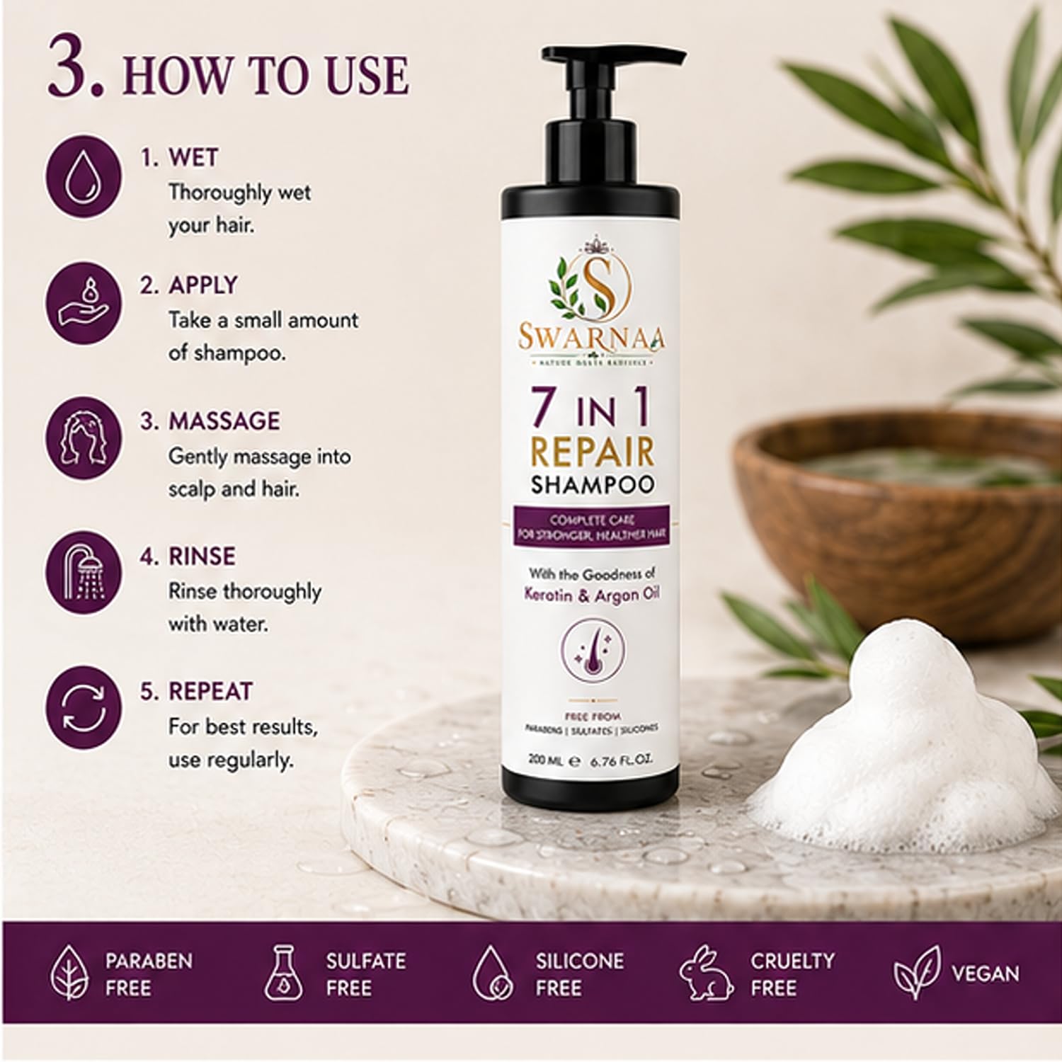 Swarnaa 7 in 1 Repair Shampoo for Dry, Damaged & Frizzy Hair | Complete Hair Care Shampoo for Smoothness, Strength & Manageability | Helps Reduce Hair Breakage | Men & Women | All Hair Types | 200ml