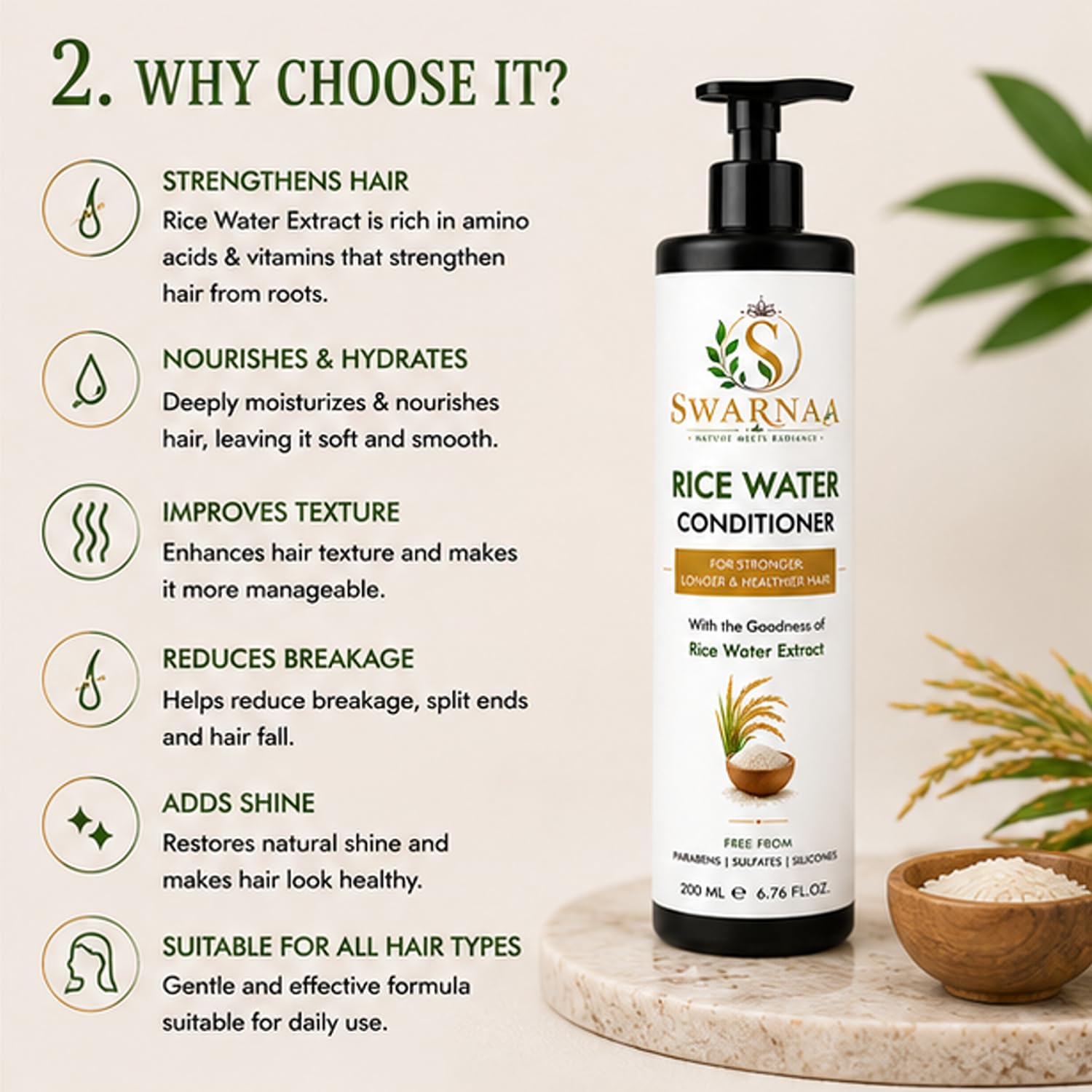 Swarnaa Rice Water Conditioner for Dry, Frizzy & Damaged Hair | Helps Nourish, Smooth & Strengthen Hair | Improves Manageability & Softness | Suitable for Men & Women | All Hair Types | 200ml