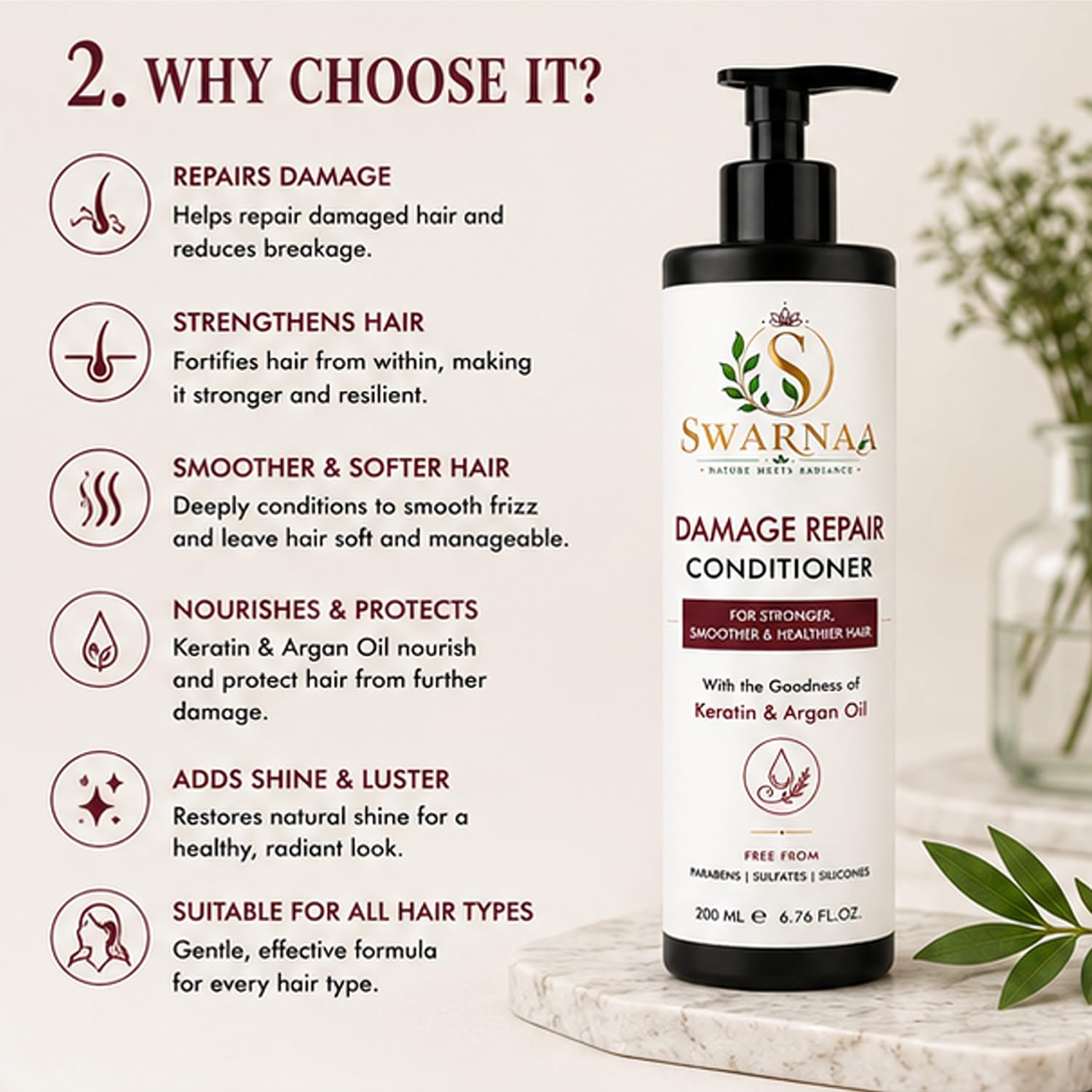 Swarnaa Damage Repair Conditioner for Dry, Frizzy & Damaged Hair | Helps Nourish, Smooth & Strengthen Hair | Improves Manageability & Softness | Suitable for Men & Women | All Hair Types | 200ml
