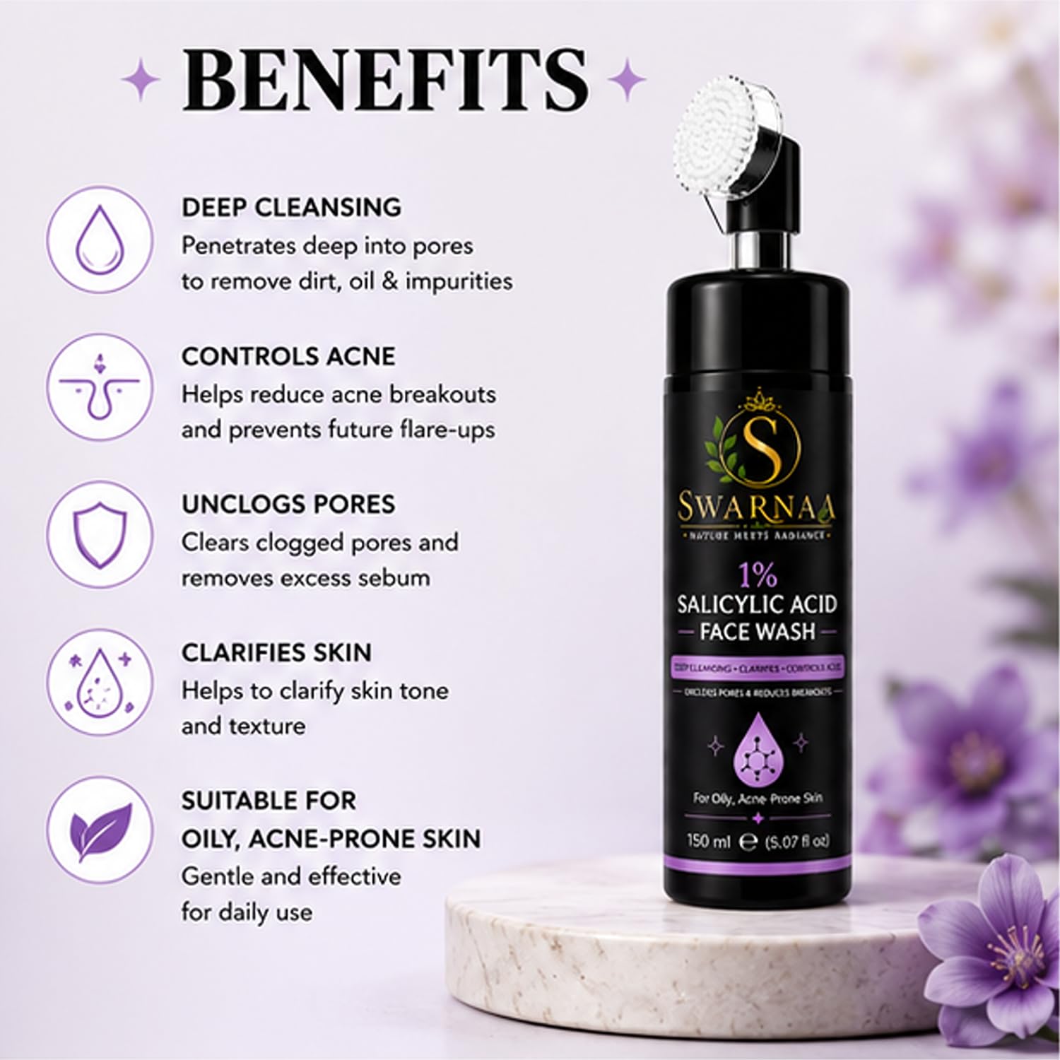 Swarnaa 1% Salicylic Acid Face Wash for Oily & Acne-Prone Skin | Helps Cleanse Pores, Remove Excess Oil & Impurities | Daily Facial Cleanser for Men & Women | All Skin Types | 150ml