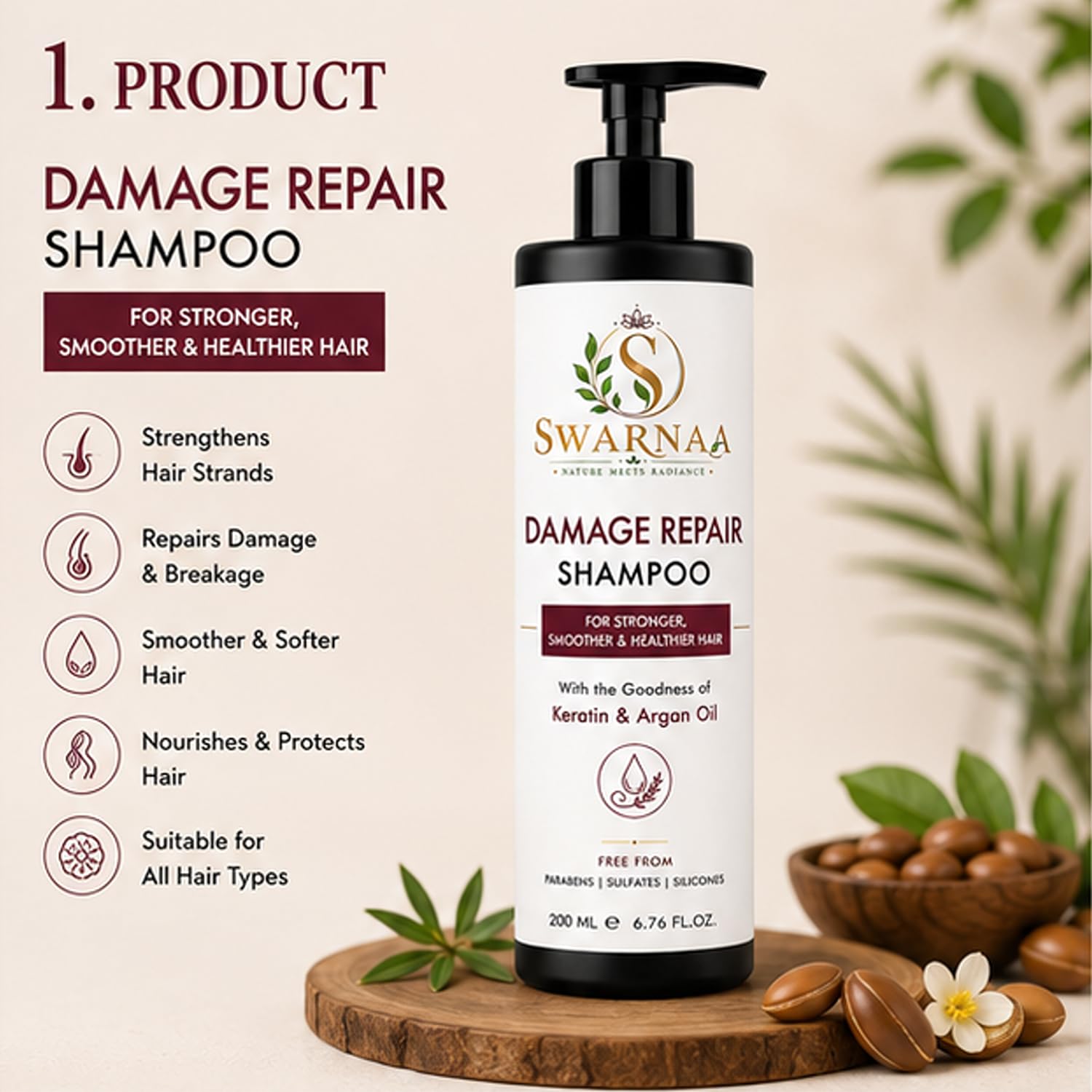 Swarnaa Damage Repair Shampoo for Dry, Damaged & Frizzy Hair | Helps Nourish Hair, Improve Smoothness & Reduce Hair Breakage | Daily Hair Care Shampoo for Men & Women | All Hair Types | 200ml