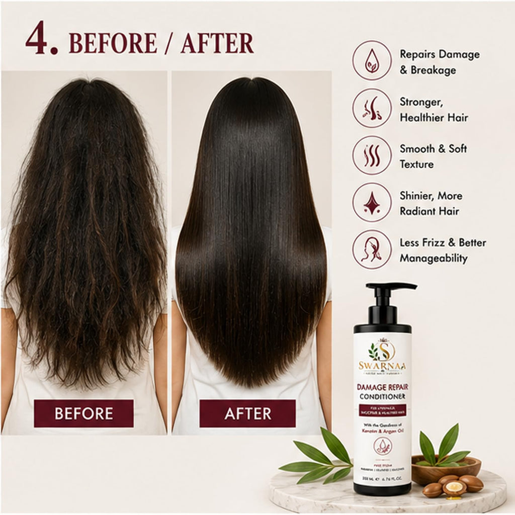 Swarnaa Damage Repair Conditioner for Dry, Frizzy & Damaged Hair | Helps Nourish, Smooth & Strengthen Hair | Improves Manageability & Softness | Suitable for Men & Women | All Hair Types | 200ml