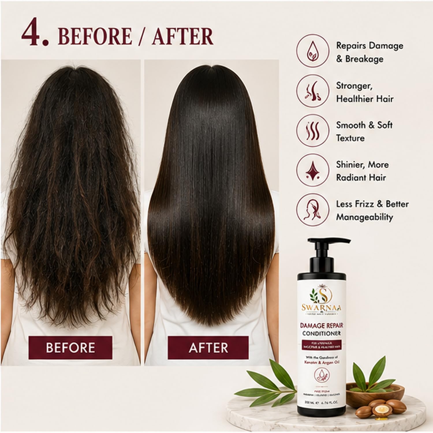 Swarnaa Damage Repair Conditioner for Dry, Frizzy & Damaged Hair | Helps Nourish, Smooth & Strengthen Hair | Improves Manageability & Softness | Suitable for Men & Women | All Hair Types | 200ml
