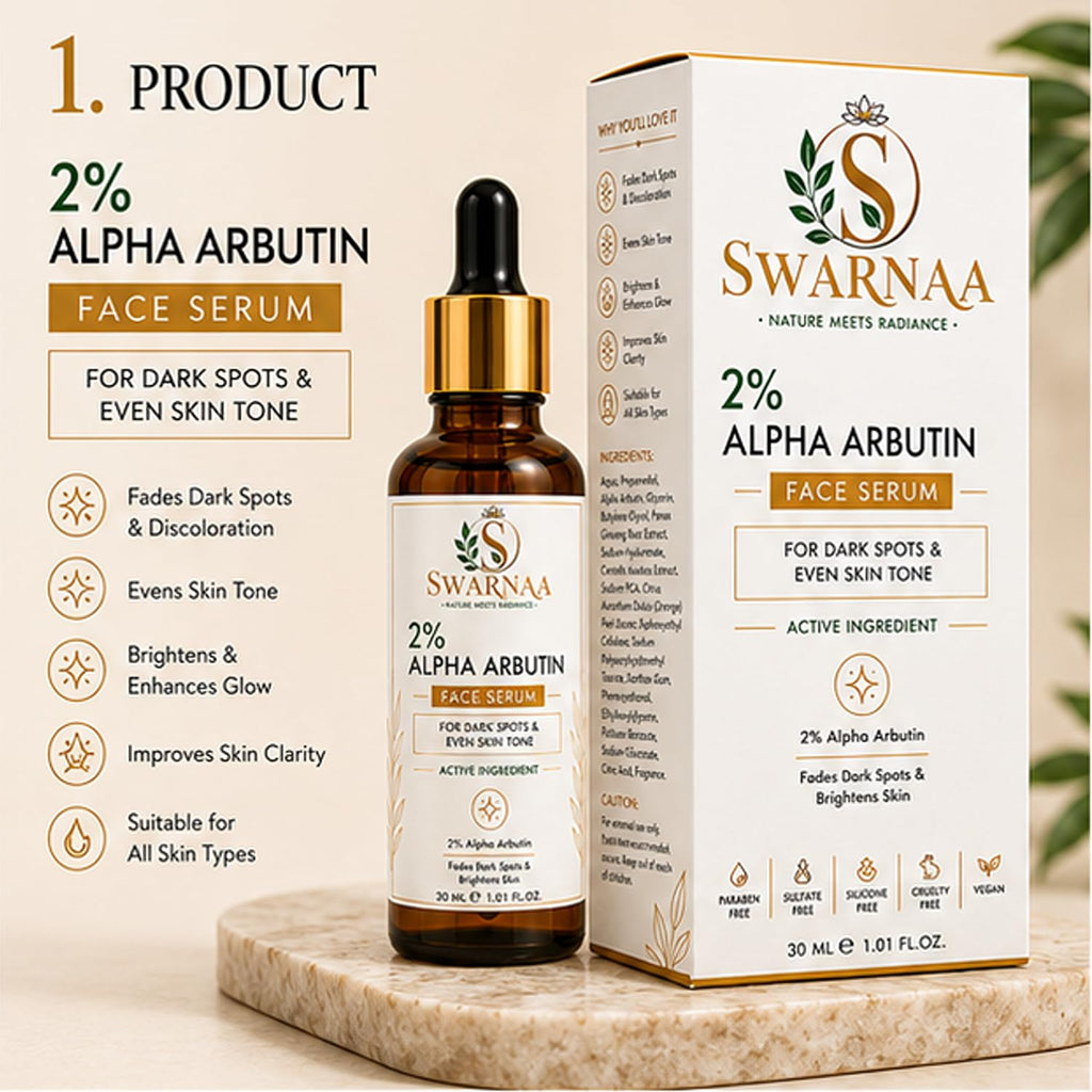 Swarnaa 2% Alpha Arbutin Face Serum for Dark Spots & Even Skin Tone | Helps Improve Skin Radiance and Supports Brighter-Looking Skin | Lightweight Daily Facial Serum for Men & Women | 30ml