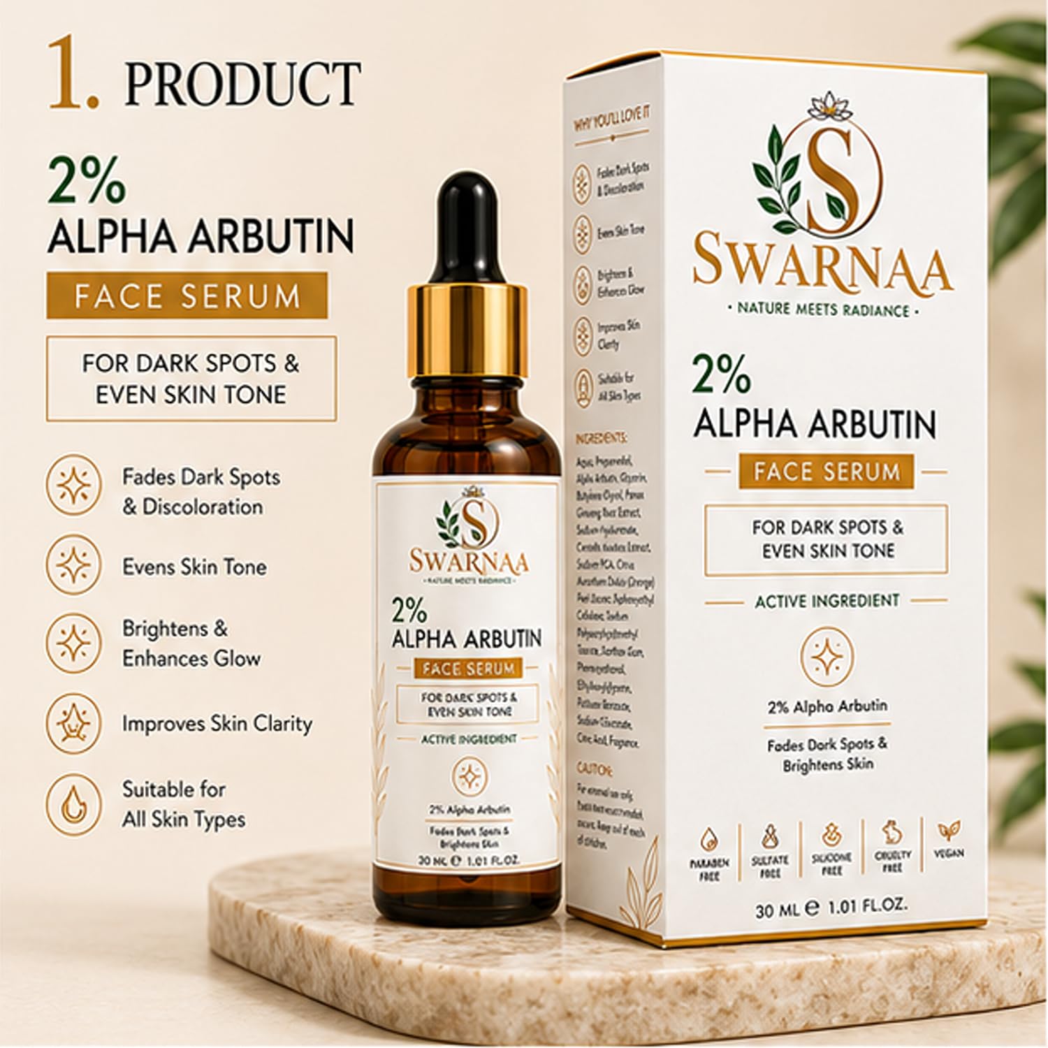 Swarnaa 2% Alpha Arbutin Face Serum for Dark Spots & Even Skin Tone | Helps Improve Skin Radiance and Supports Brighter-Looking Skin | Lightweight Daily Facial Serum for Men & Women | 30ml