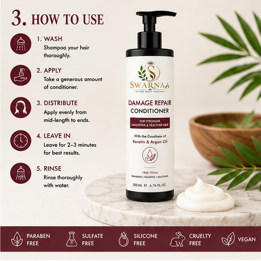 Swarnaa Damage Repair Conditioner for Dry, Frizzy & Damaged Hair | Helps Nourish, Smooth & Strengthen Hair | Improves Manageability & Softness | Suitable for Men & Women | All Hair Types | 200ml