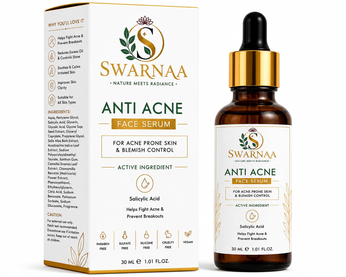 Swarnaa Anti Acne Face Serum with Salicylic Acid for Acne Prone Skin | Helps Reduce Excess Oil & Supports Clearer Looking Skin | Lightweight Daily Face Serum for Men & Women | 30ml