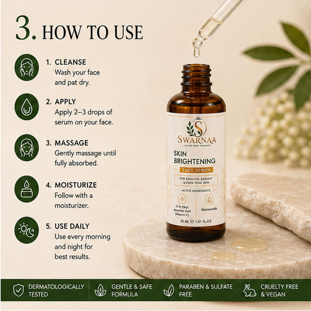 Swarnaa Skin Brightening Face Serum with Vitamin C & Niacinamide | Helps Improve Skin Radiance, Supports Even-Looking Skin Tone & Reduces Dullness | Lightweight Daily Face Serum for Men & Women | 30ml