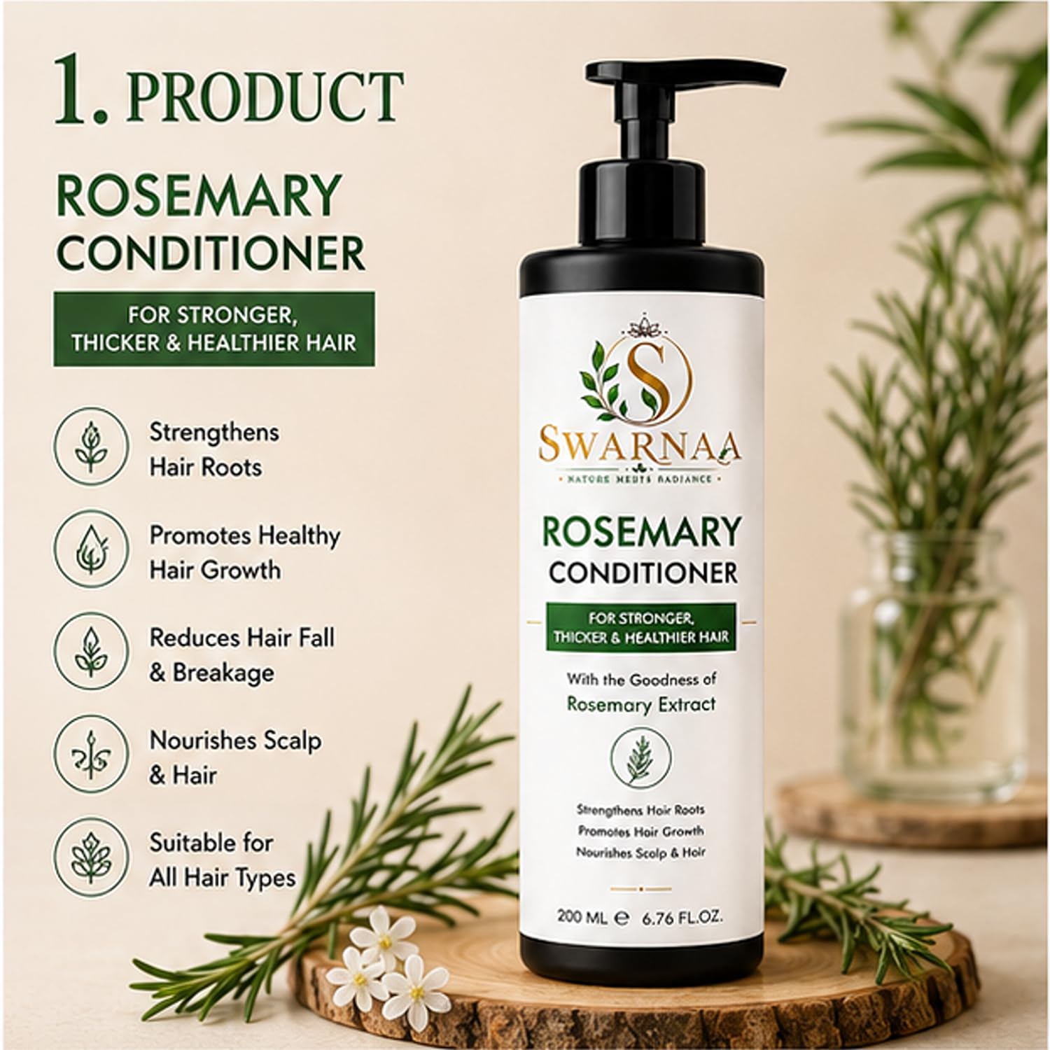Swarnaa Rosemary Conditioner for Dry, Frizzy & Damaged Hair | Helps Nourish, Smooth & Strengthen Hair | Improves Manageability & Softness | Suitable for Men & Women | All Hair Types | 200ml