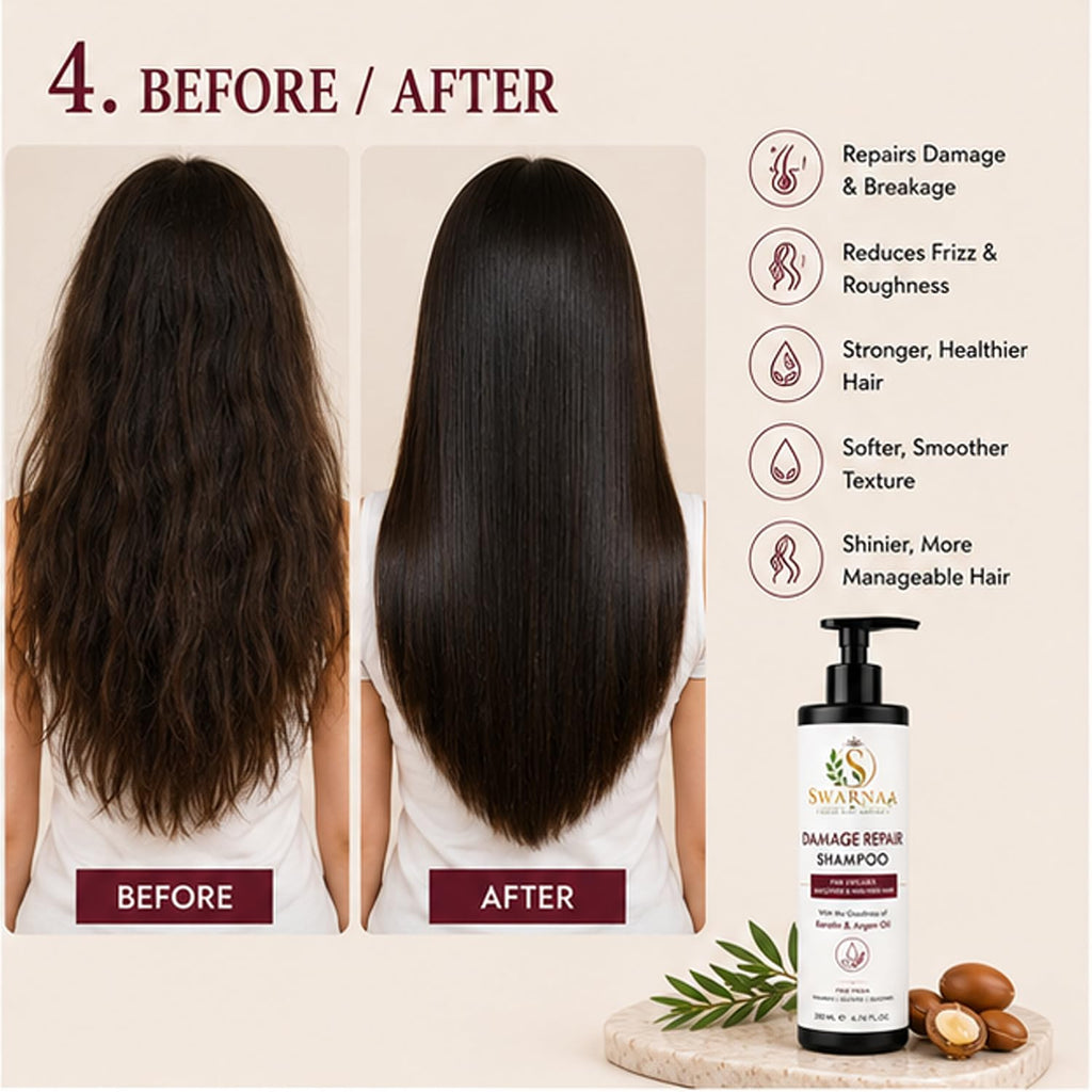 Swarnaa Damage Repair Shampoo for Dry, Damaged & Frizzy Hair | Helps Nourish Hair, Improve Smoothness & Reduce Hair Breakage | Daily Hair Care Shampoo for Men & Women | All Hair Types | 200ml