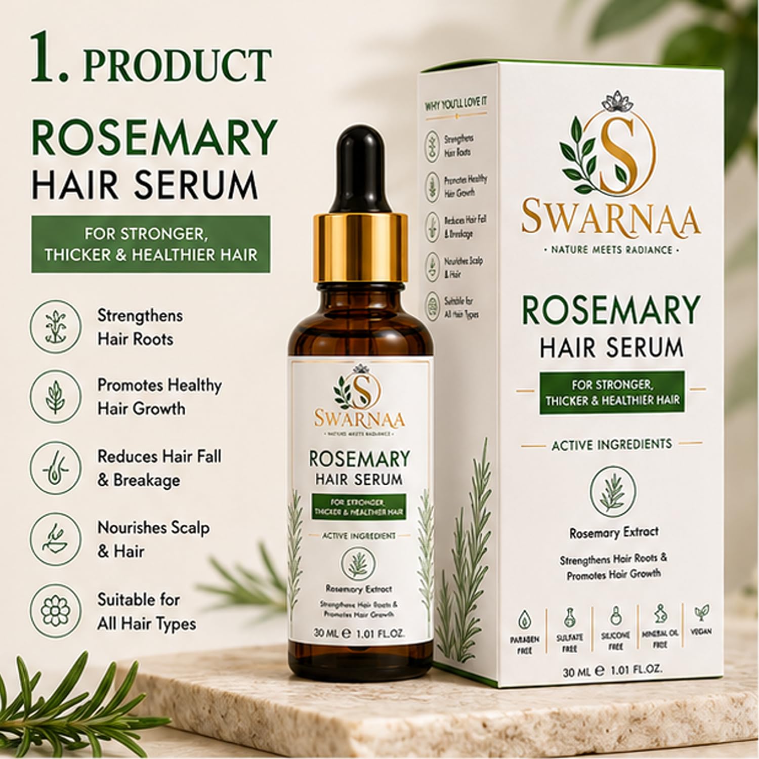 Swarnaa Rosemary Hair Serum for Hair Nourishment & Stronger Looking Hair | Helps Strengthen Hair Roots, Reduce Hair Breakage & Improve Hair Manageability | Lightweight Non-Sticky Hair Serum for Men & Women | 30ml