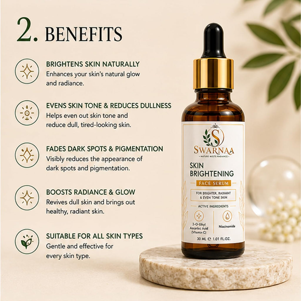 Swarnaa Skin Brightening Face Serum with Vitamin C & Niacinamide | Helps Improve Skin Radiance, Supports Even-Looking Skin Tone & Reduces Dullness | Lightweight Daily Face Serum for Men & Women | 30ml