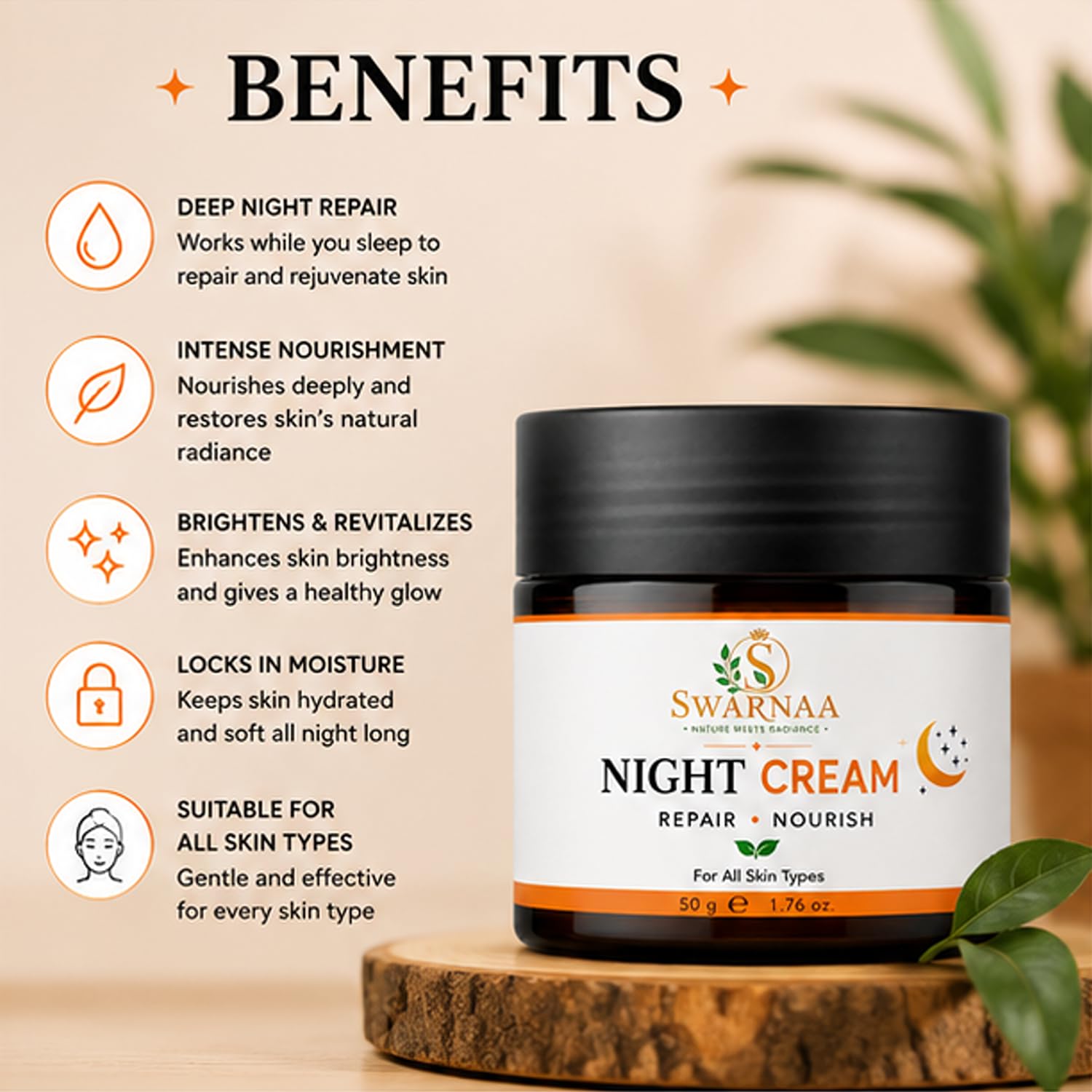 Swarnaa Night Cream for Overnight Skin Nourishment & Hydration | Helps Improve Skin Softness, Smoothness & Radiance | Moisturizing Night Care for All Skin Types | Men & Women | 50g