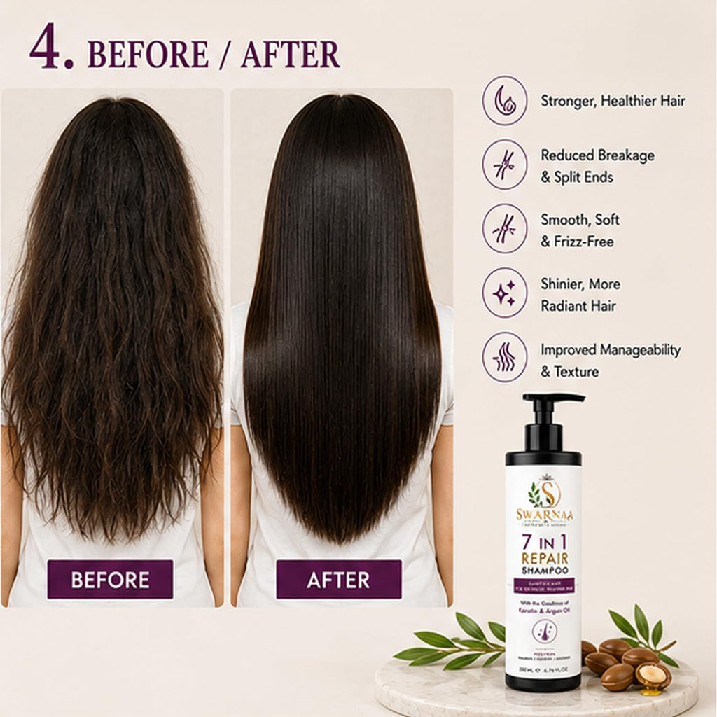 Swarnaa 7 in 1 Repair Shampoo for Dry, Damaged & Frizzy Hair | Complete Hair Care Shampoo for Smoothness, Strength & Manageability | Helps Reduce Hair Breakage | Men & Women | All Hair Types | 200ml