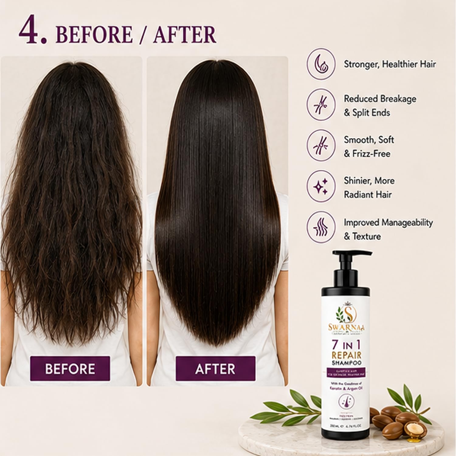 Swarnaa 7 in 1 Repair Shampoo for Dry, Damaged & Frizzy Hair | Complete Hair Care Shampoo for Smoothness, Strength & Manageability | Helps Reduce Hair Breakage | Men & Women | All Hair Types | 200ml
