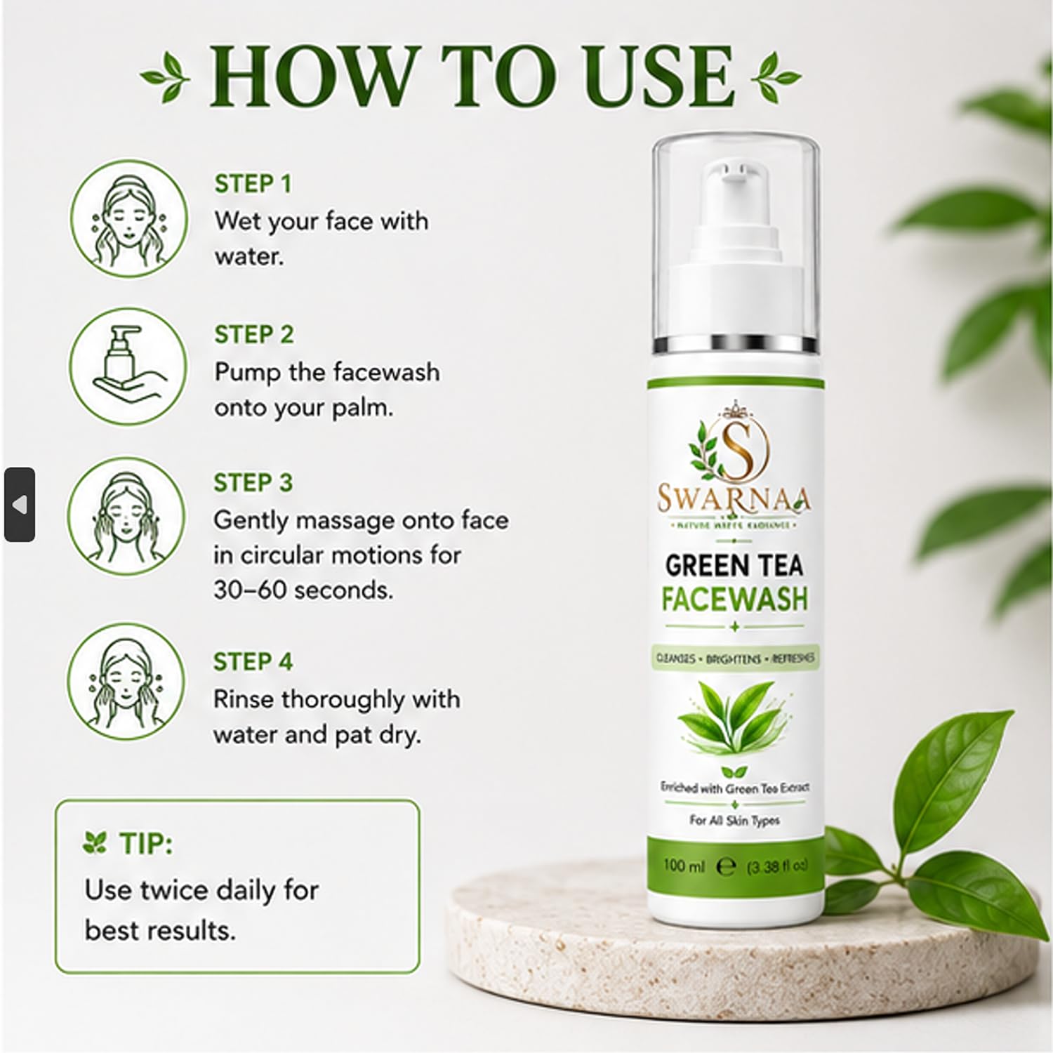 Swarnaa Green Tea Face Wash with Built-In Silicone Brush | Deep Cleansing Facial Cleanser for Fresh & Refreshed Skin | Helps Remove Dirt, Excess Oil & Impurities | All Skin Types | Men & Women | 100ml