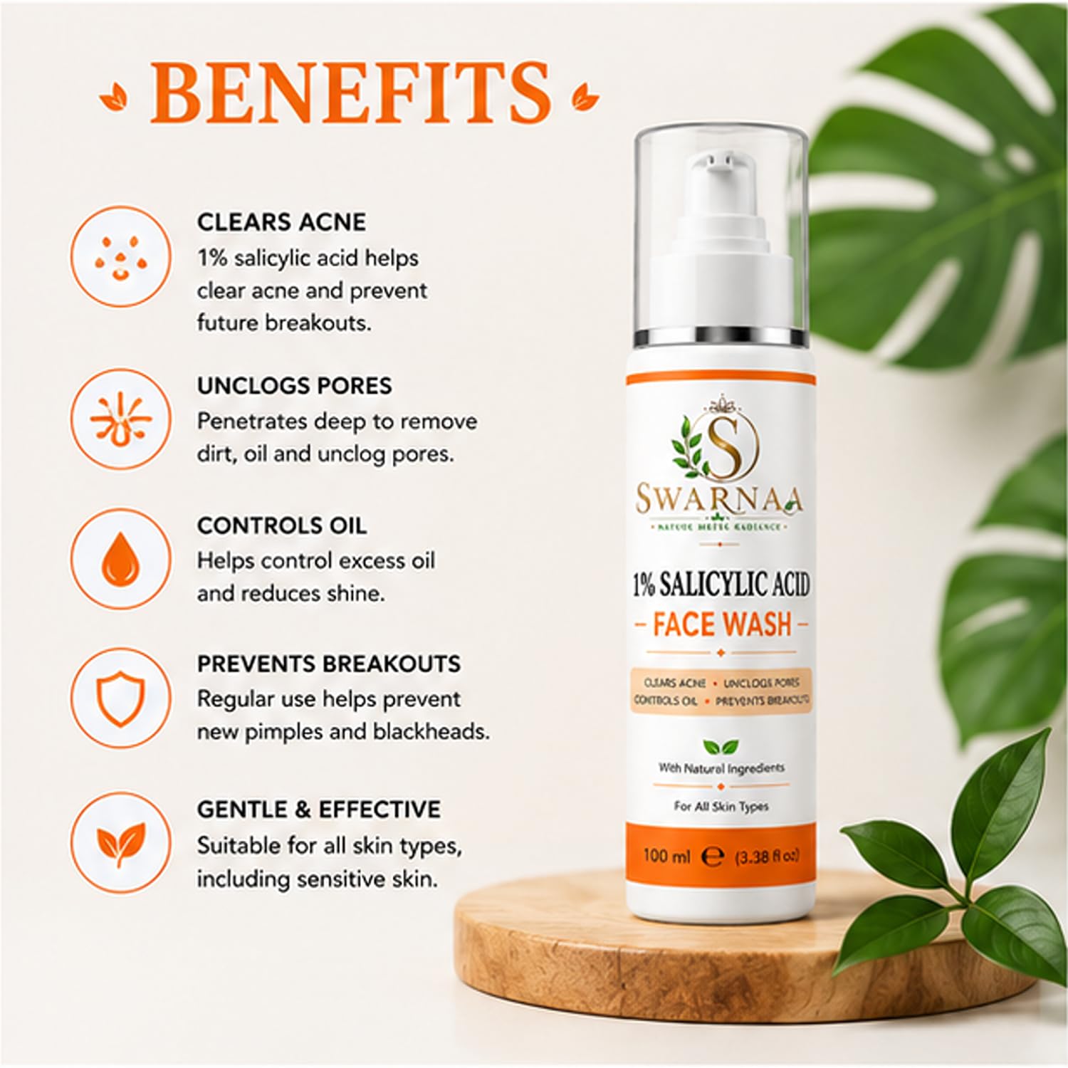 Swarnaa 1% Salicylic Acid Face Wash for Oily & Acne-Prone Skin | Helps Cleanse Pores, Remove Excess Oil & Impurities | Daily Facial Cleanser for Men & Women | All Skin Types | 100ml