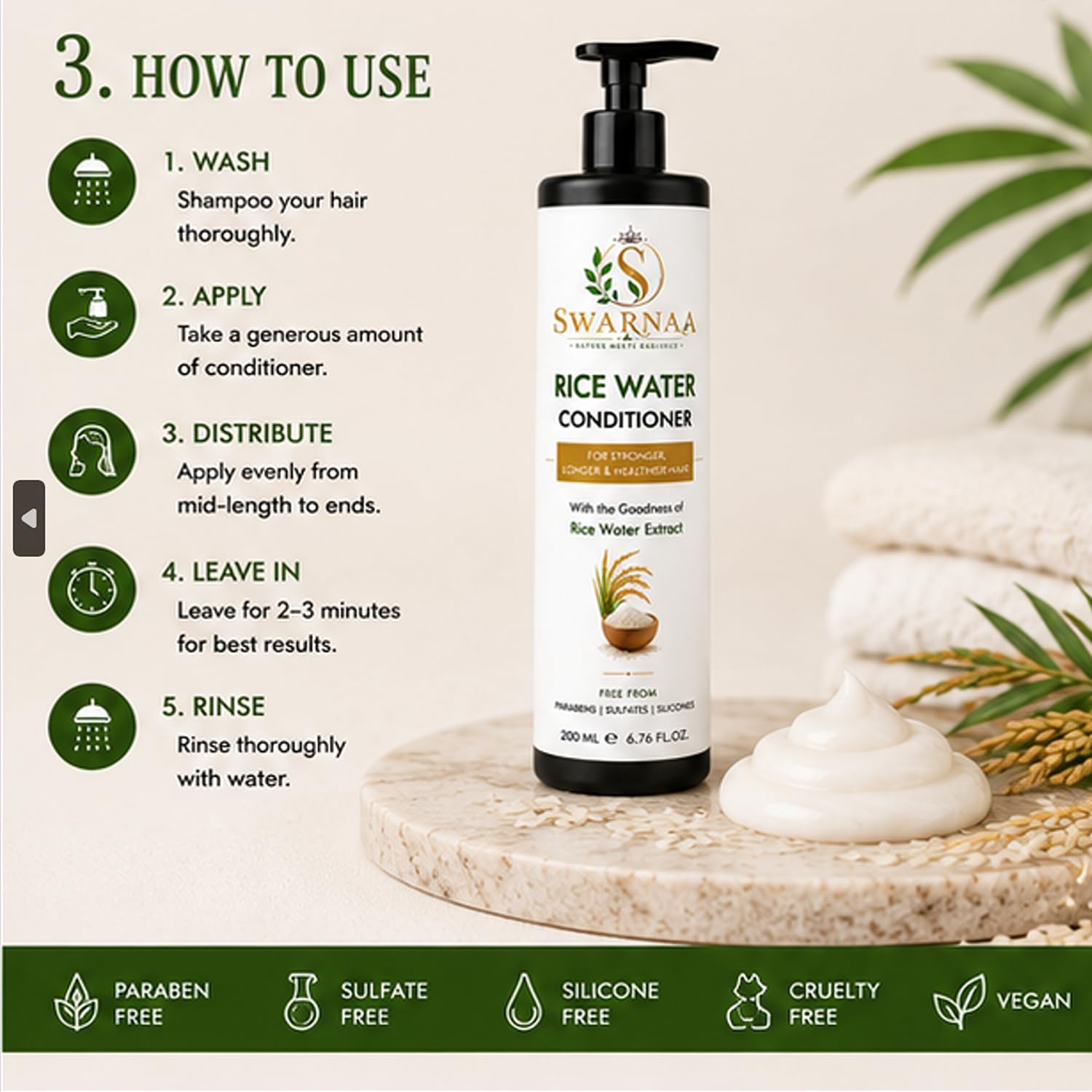Swarnaa Rice Water Conditioner for Dry, Frizzy & Damaged Hair | Helps Nourish, Smooth & Strengthen Hair | Improves Manageability & Softness | Suitable for Men & Women | All Hair Types | 200ml