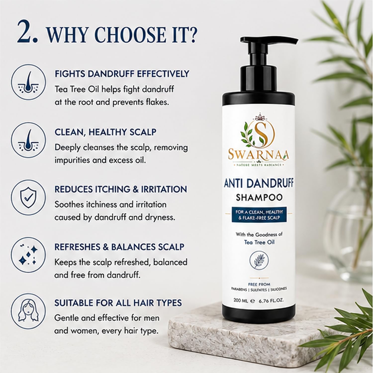 Swarnaa Anti Dandruff Shampoo for Scalp Care & Hair Cleansing | Helps Remove Scalp Build-Up, Refresh Scalp & Reduce Visible Flakes | Gentle Daily Use Shampoo for Men & Women | All Hair Types | 200ml