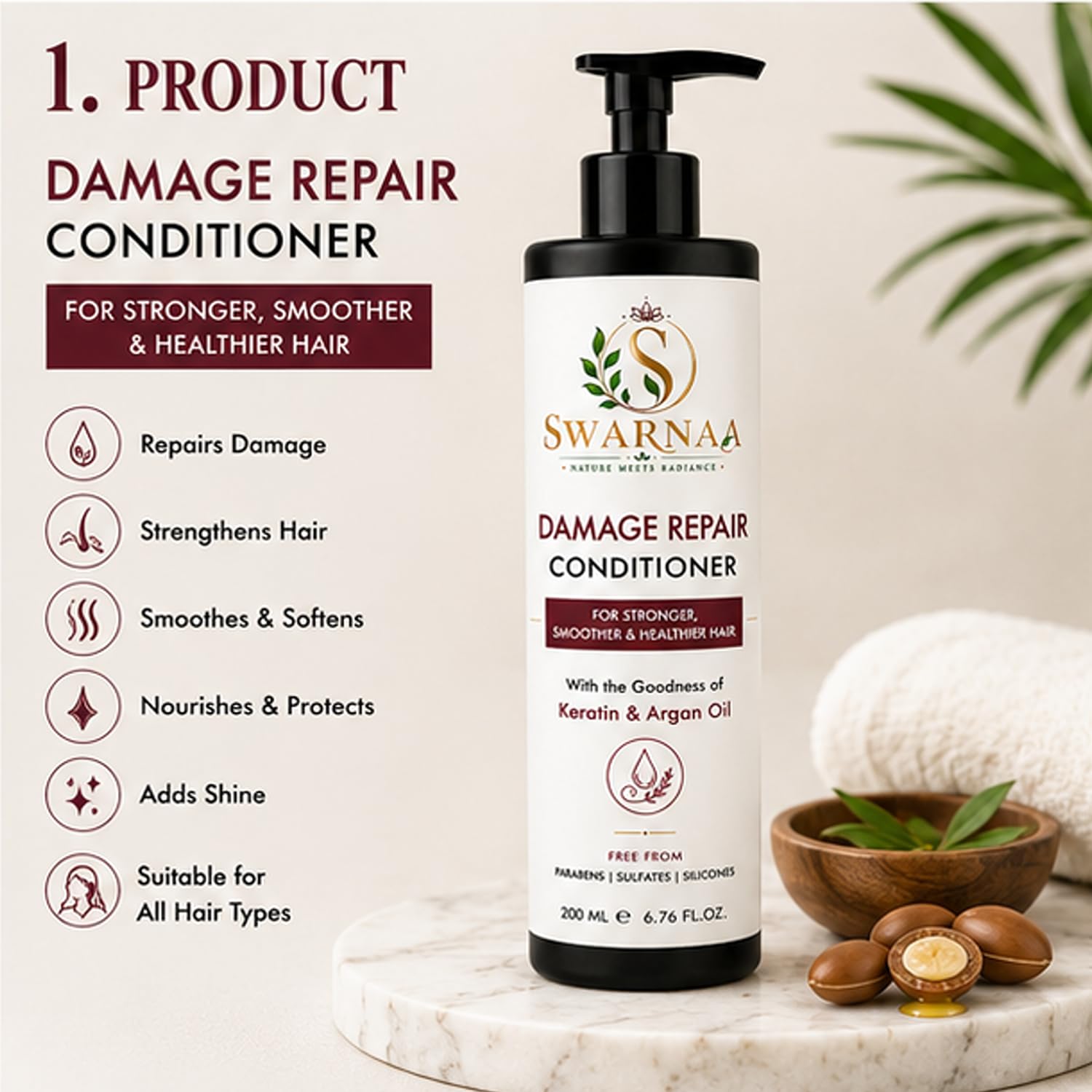 Swarnaa Damage Repair Conditioner for Dry, Frizzy & Damaged Hair | Helps Nourish, Smooth & Strengthen Hair | Improves Manageability & Softness | Suitable for Men & Women | All Hair Types | 200ml