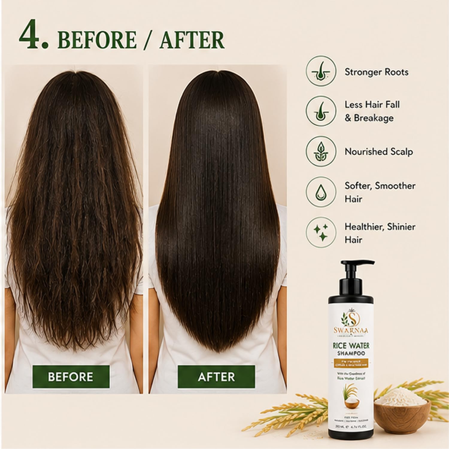 Swarnaa Rice Water Shampoo for Hair Strength, Smoothness & Shine | Helps Nourish Hair, Improve Manageability & Reduce Hair Breakage | Gentle Daily Hair Care Shampoo for Men & Women | All Hair Types | 200ml