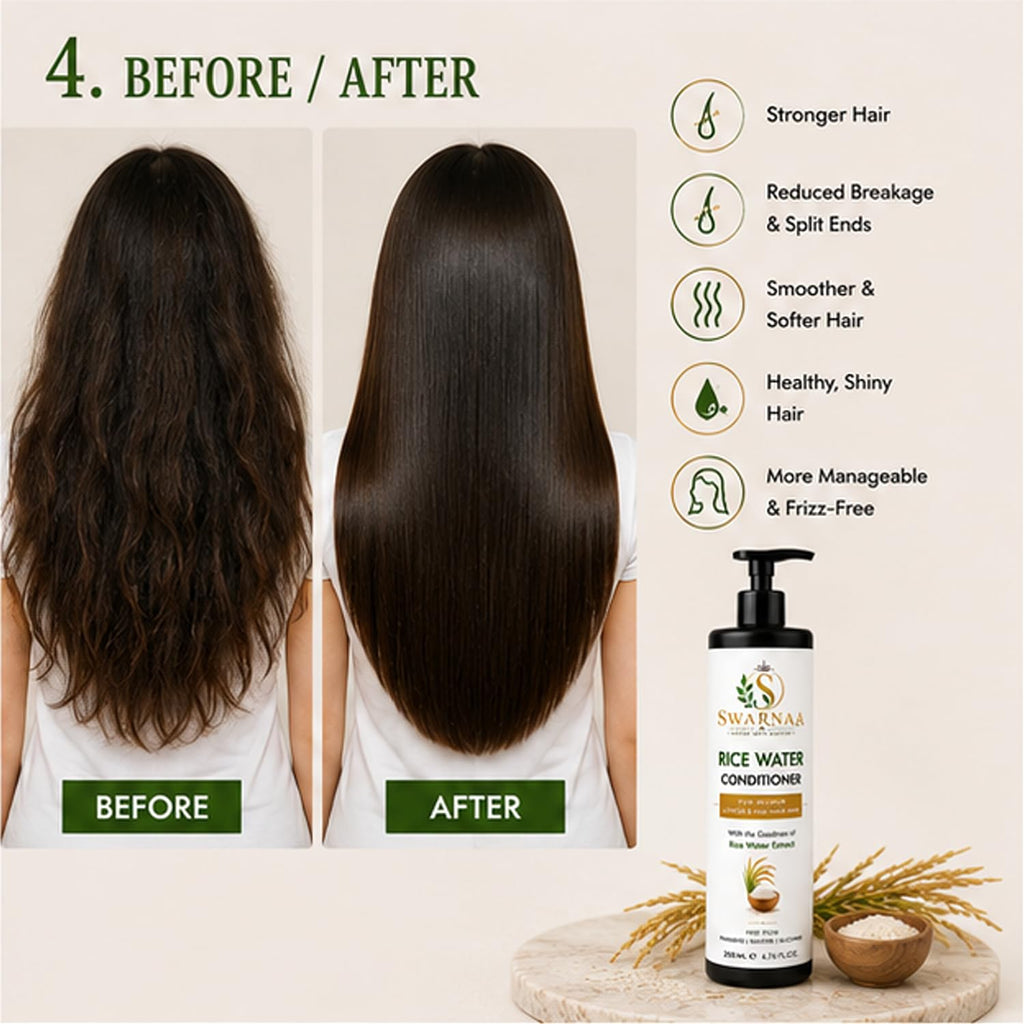 Swarnaa Rice Water Conditioner for Dry, Frizzy & Damaged Hair | Helps Nourish, Smooth & Strengthen Hair | Improves Manageability & Softness | Suitable for Men & Women | All Hair Types | 200ml