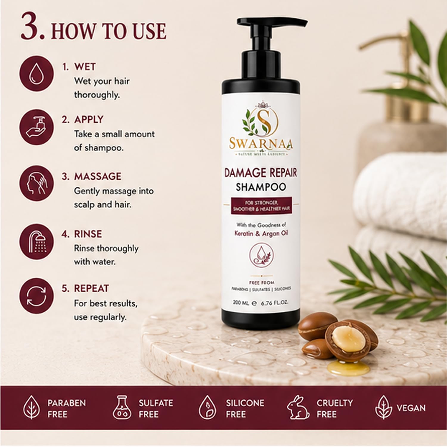 Swarnaa Damage Repair Shampoo for Dry, Damaged & Frizzy Hair | Helps Nourish Hair, Improve Smoothness & Reduce Hair Breakage | Daily Hair Care Shampoo for Men & Women | All Hair Types | 200ml