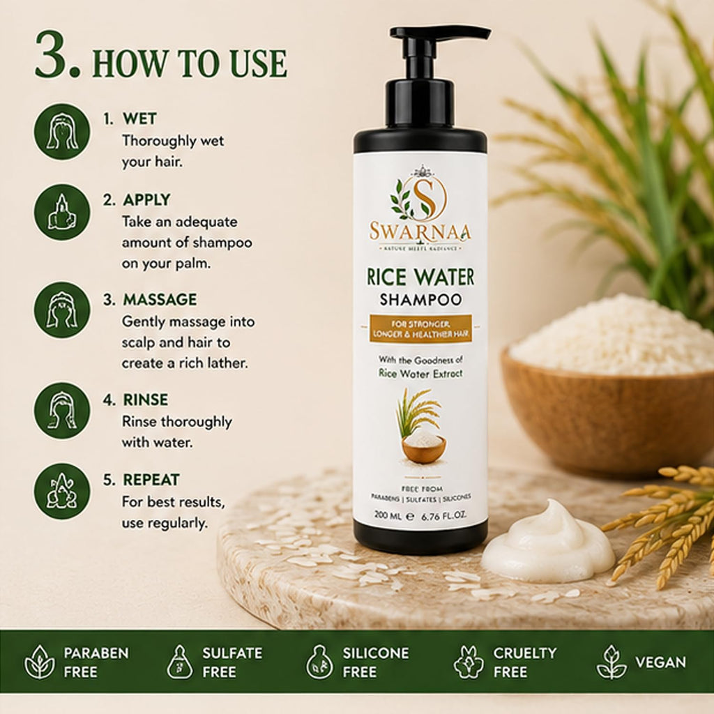 Swarnaa Rice Water Shampoo for Hair Strength, Smoothness & Shine | Helps Nourish Hair, Improve Manageability & Reduce Hair Breakage | Gentle Daily Hair Care Shampoo for Men & Women | All Hair Types | 200ml