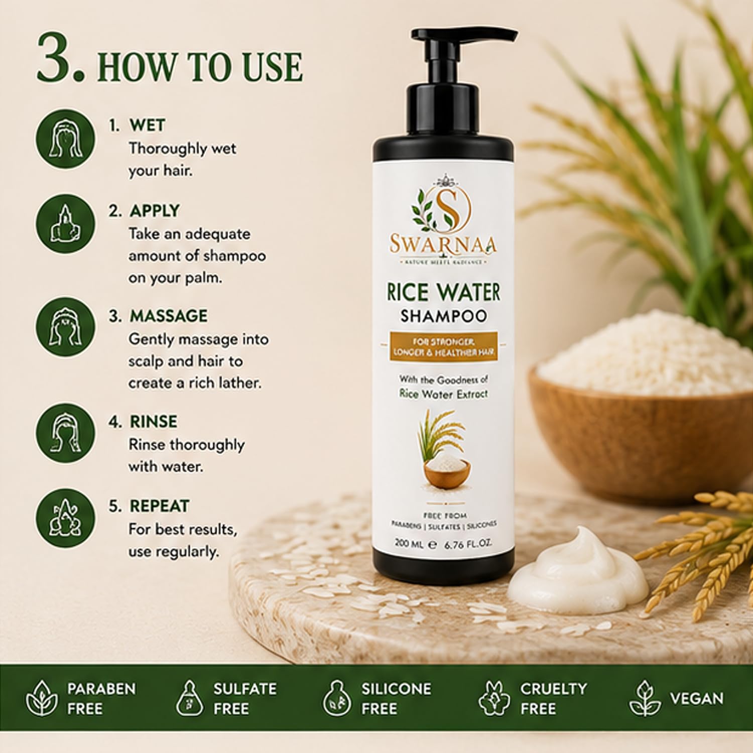 Swarnaa Rice Water Shampoo for Hair Strength, Smoothness & Shine | Helps Nourish Hair, Improve Manageability & Reduce Hair Breakage | Gentle Daily Hair Care Shampoo for Men & Women | All Hair Types | 200ml