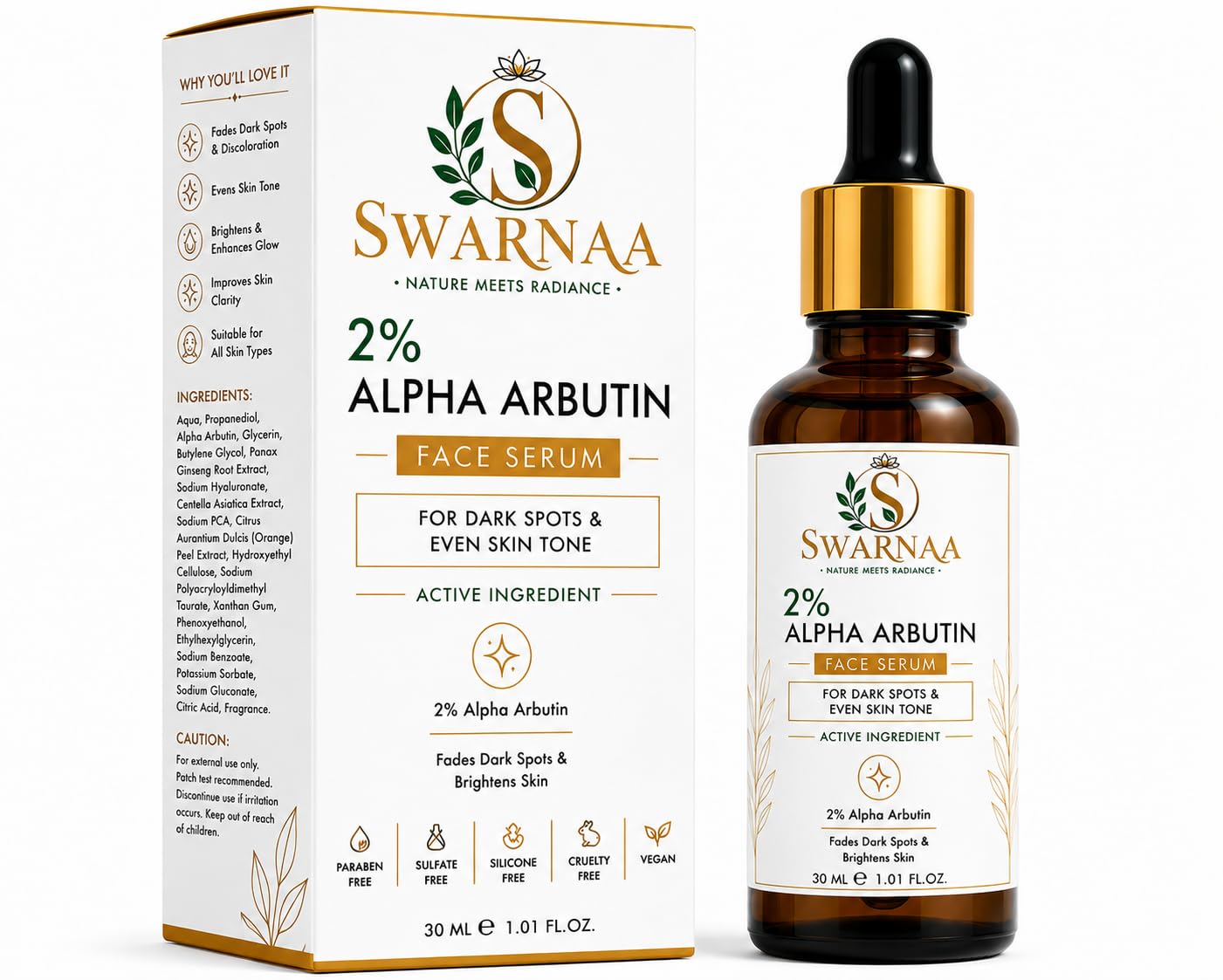Swarnaa 2% Alpha Arbutin Face Serum for Dark Spots & Even Skin Tone | Helps Improve Skin Radiance and Supports Brighter-Looking Skin | Lightweight Daily Facial Serum for Men & Women | 30ml