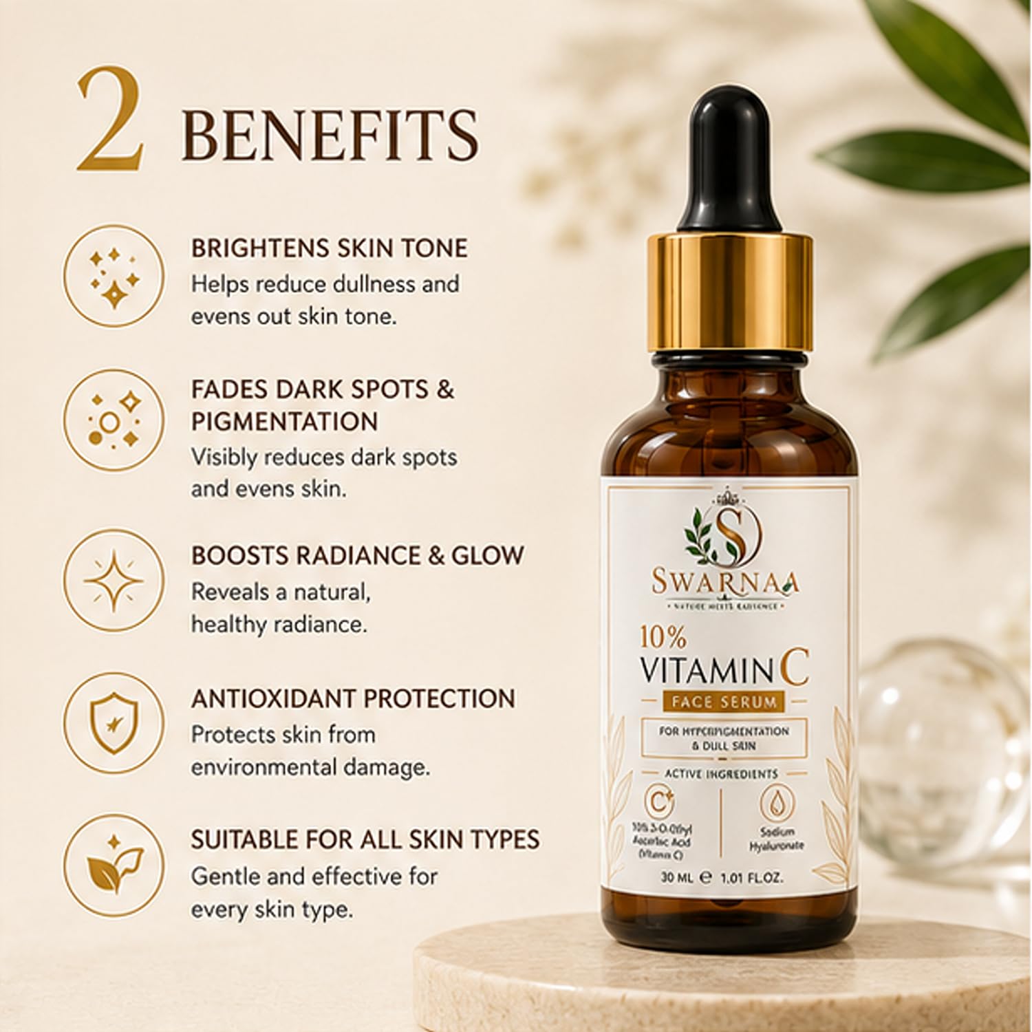 Swarnaa 10% Vitamin C Face Serum for Dull & Uneven Looking Skin | Helps Improve Skin Radiance, Supports Brighter-Looking Skin & Even Skin Tone | Lightweight Daily Facial Serum for Men & Women | 30ml