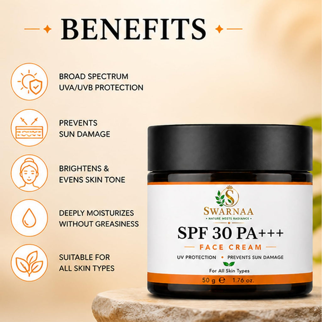 Swarnaa SPF 30 PA+++ Face Cream | Broad Spectrum UVA & UVB Protection | Daily Moisturizing Sunscreen Cream for Men & Women | Lightweight & Non-Greasy Formula | All Skin Types | 50g