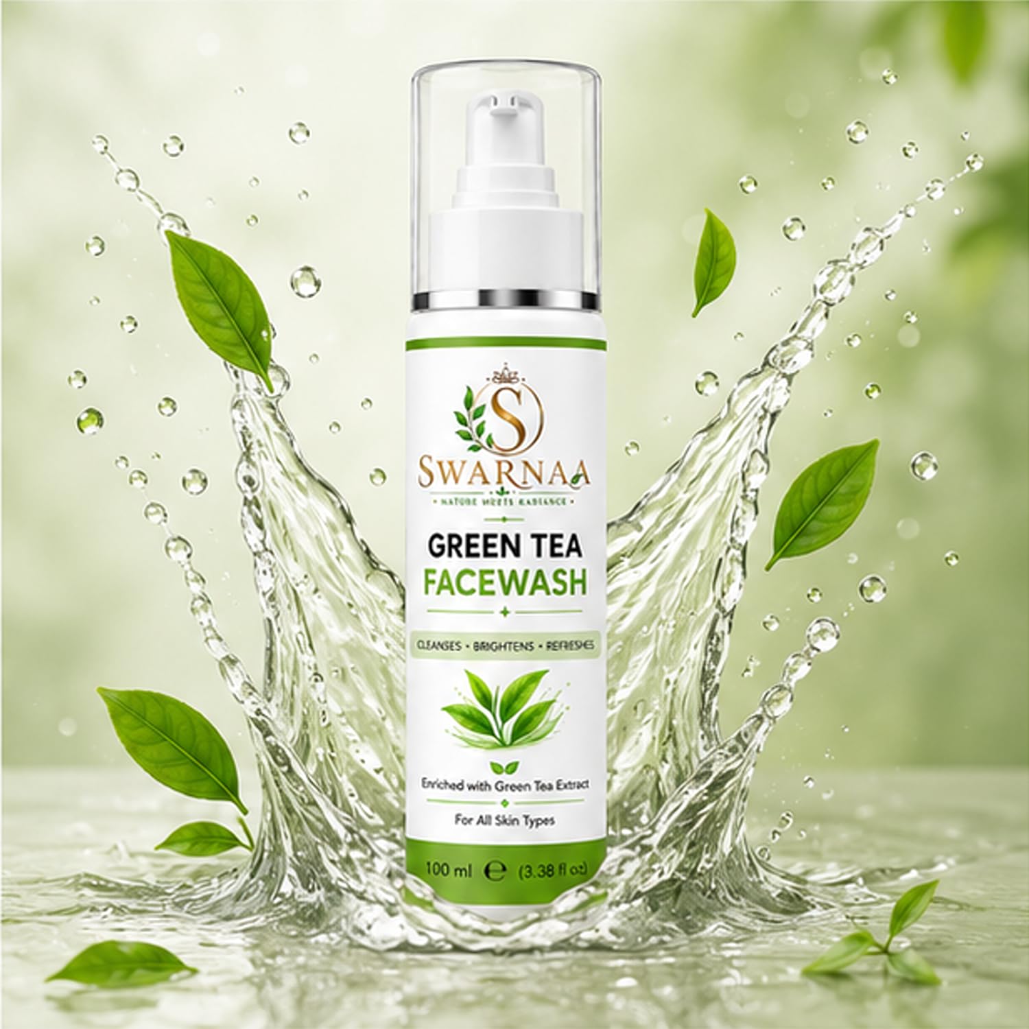 Swarnaa Green Tea Face Wash with Built-In Silicone Brush | Deep Cleansing Facial Cleanser for Fresh & Refreshed Skin | Helps Remove Dirt, Excess Oil & Impurities | All Skin Types | Men & Women | 100ml