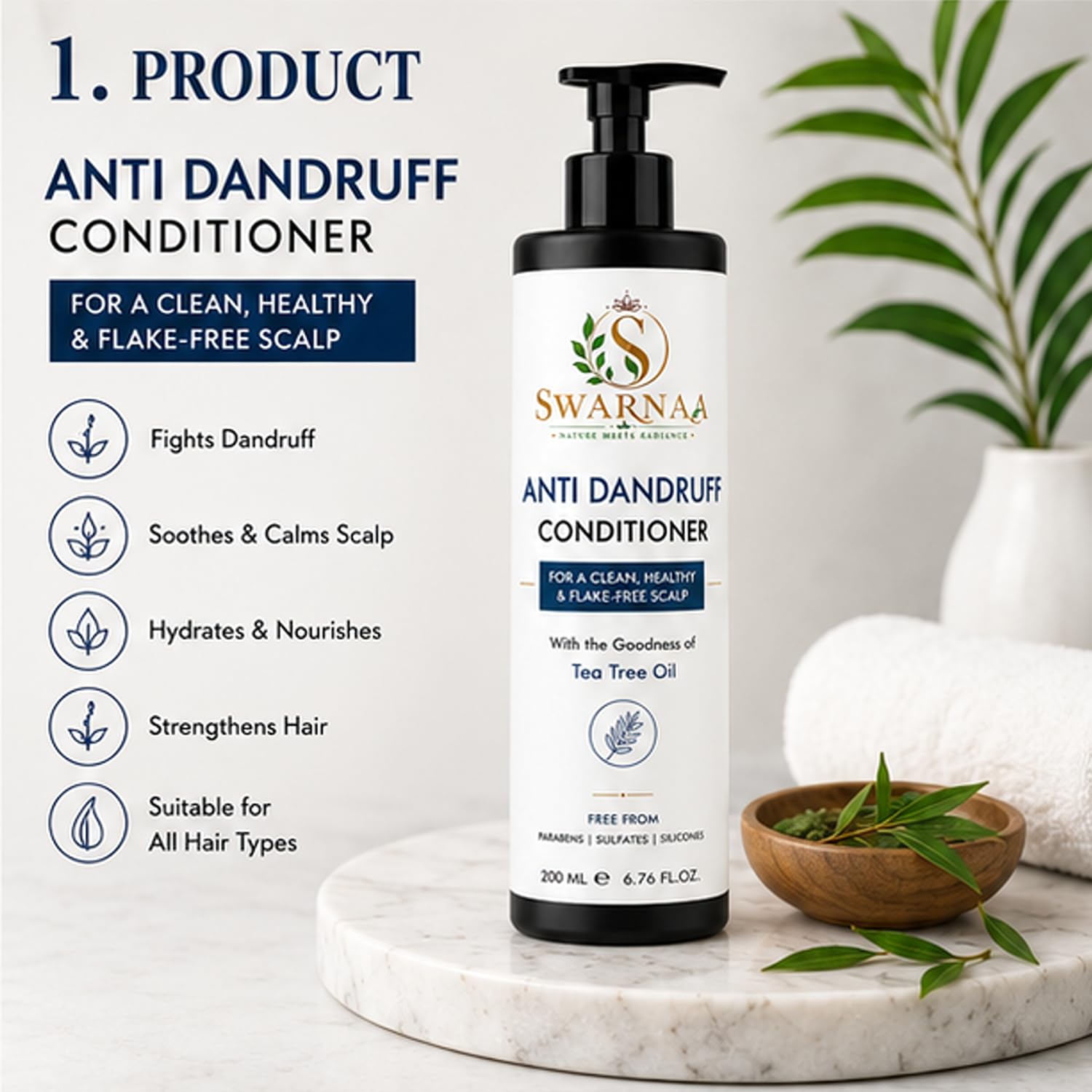 Swarnaa Anti Dandruff Conditioner with Tea Tree Oil for Dry & Flaky Scalp | Helps Condition Hair, Reduce Scalp Dryness & Improve Manageability | Suitable for Men & Women | All Hair Types | 200ml