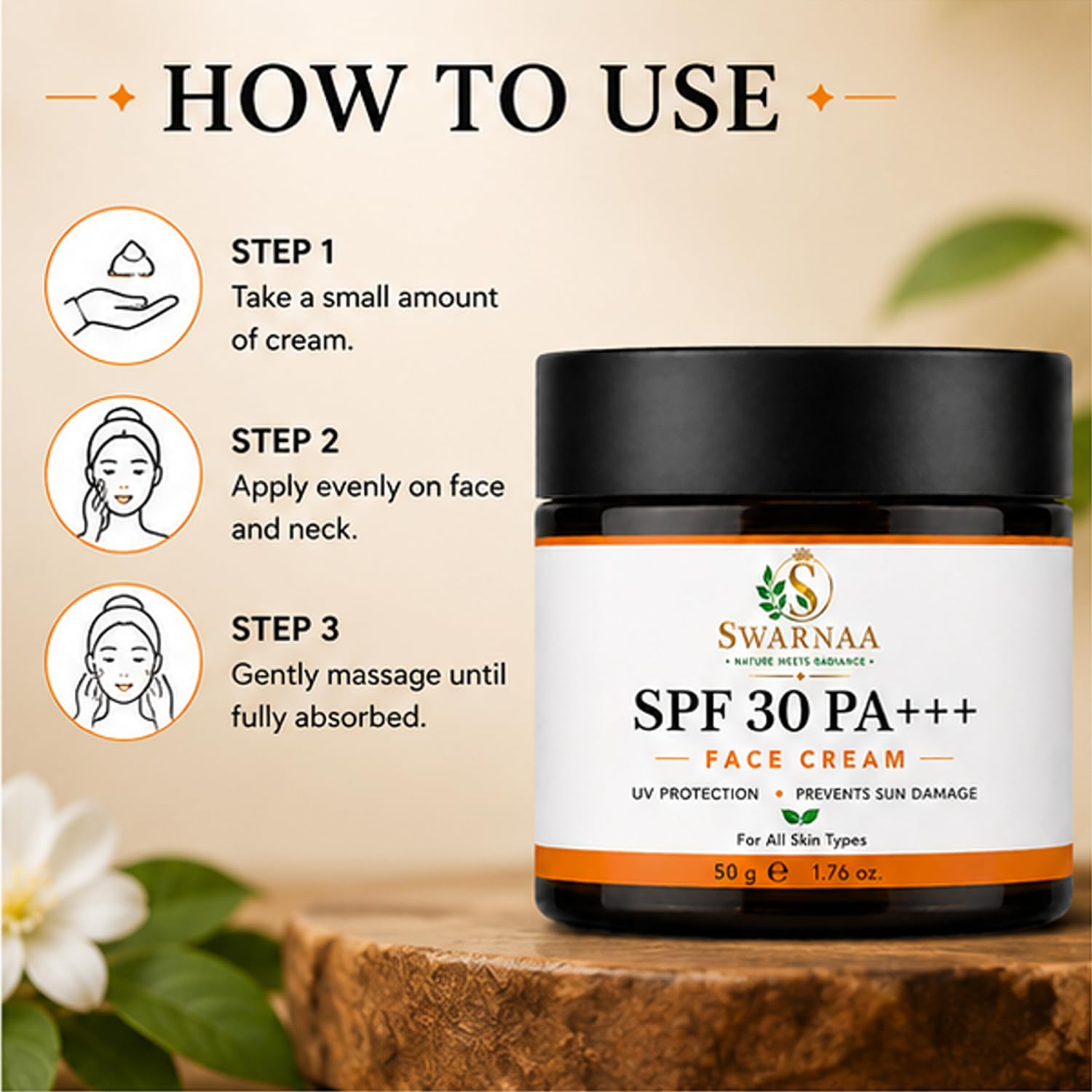 Swarnaa SPF 30 PA+++ Face Cream | Broad Spectrum UVA & UVB Protection | Daily Moisturizing Sunscreen Cream for Men & Women | Lightweight & Non-Greasy Formula | All Skin Types | 50g