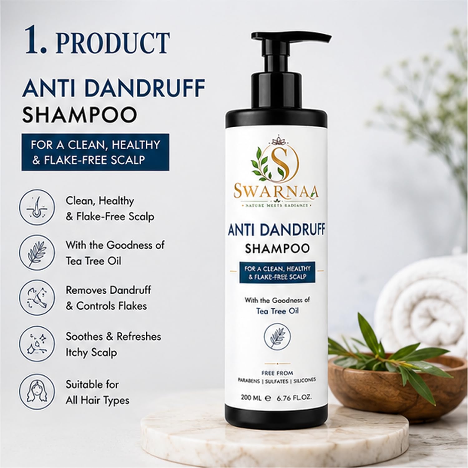 Swarnaa Anti Dandruff Shampoo for Scalp Care & Hair Cleansing | Helps Remove Scalp Build-Up, Refresh Scalp & Reduce Visible Flakes | Gentle Daily Use Shampoo for Men & Women | All Hair Types | 200ml